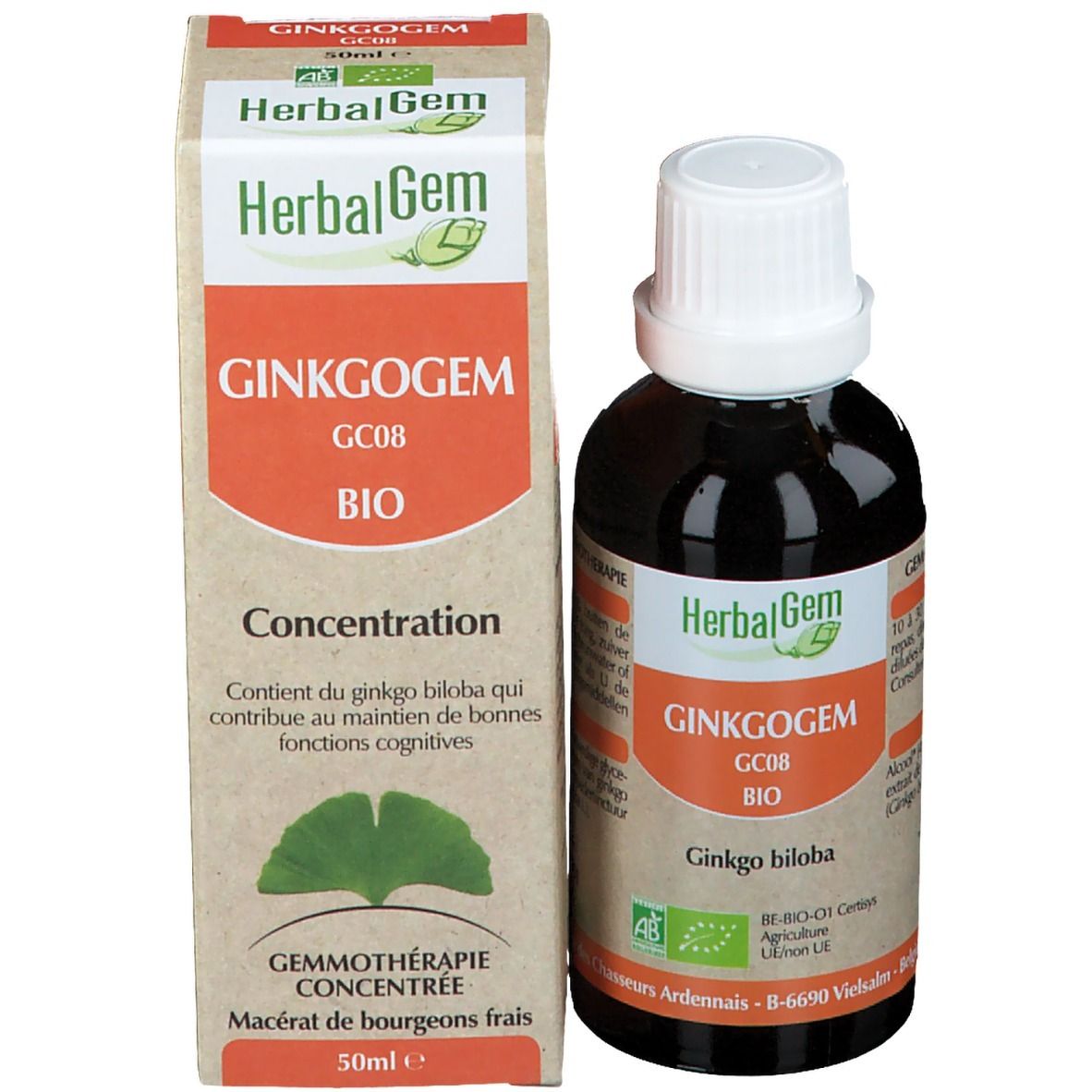 Flacon en verre brun et emballage en carton. Inscription "HerbalGem GINKGOGEM BIO".