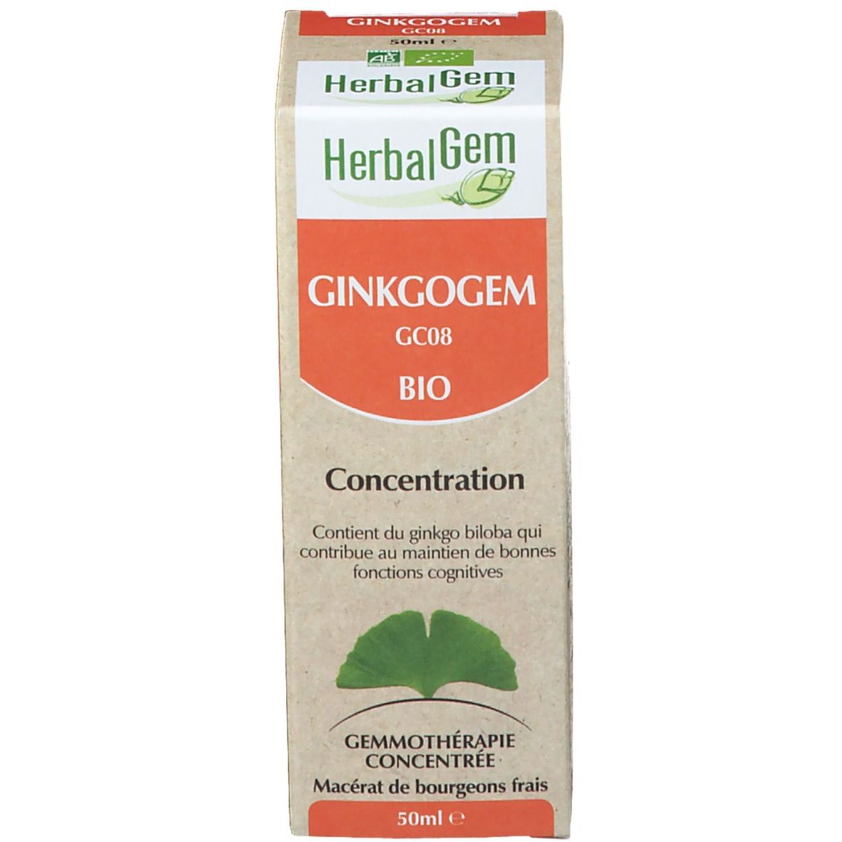 Emballage en carton avec inscription "HerbalGem GINKGOGEM BIO".