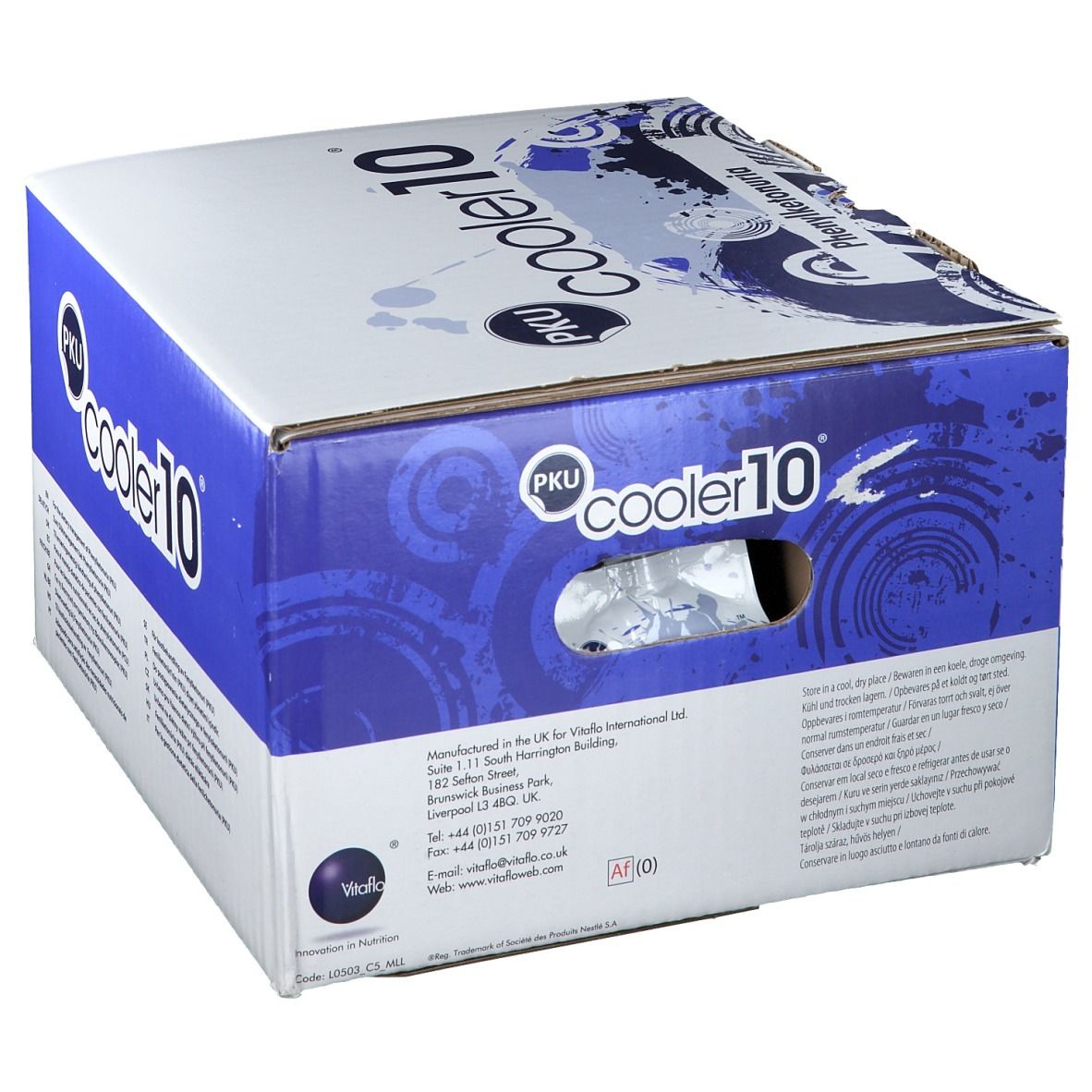 Boîte PKU Cooler 10 avec fenêtre. Emballage bleu et blanc avec nom du produit et textes.