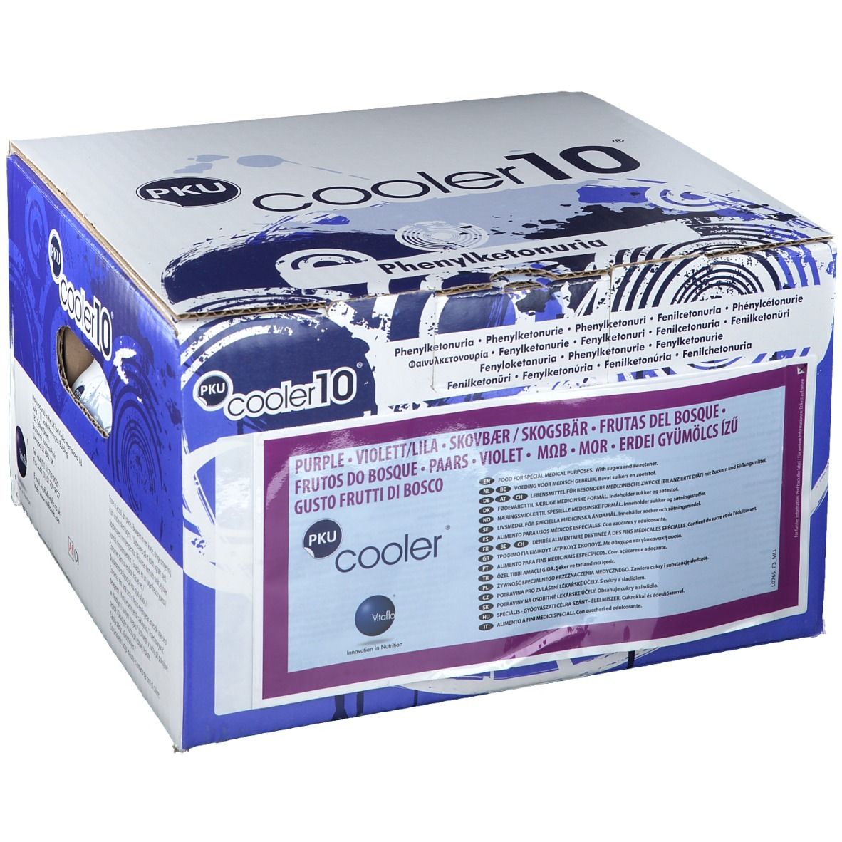 Boîte PKU Cooler 10 avec texte violet. Emballage bleu et blanc avec nom du produit et textes.