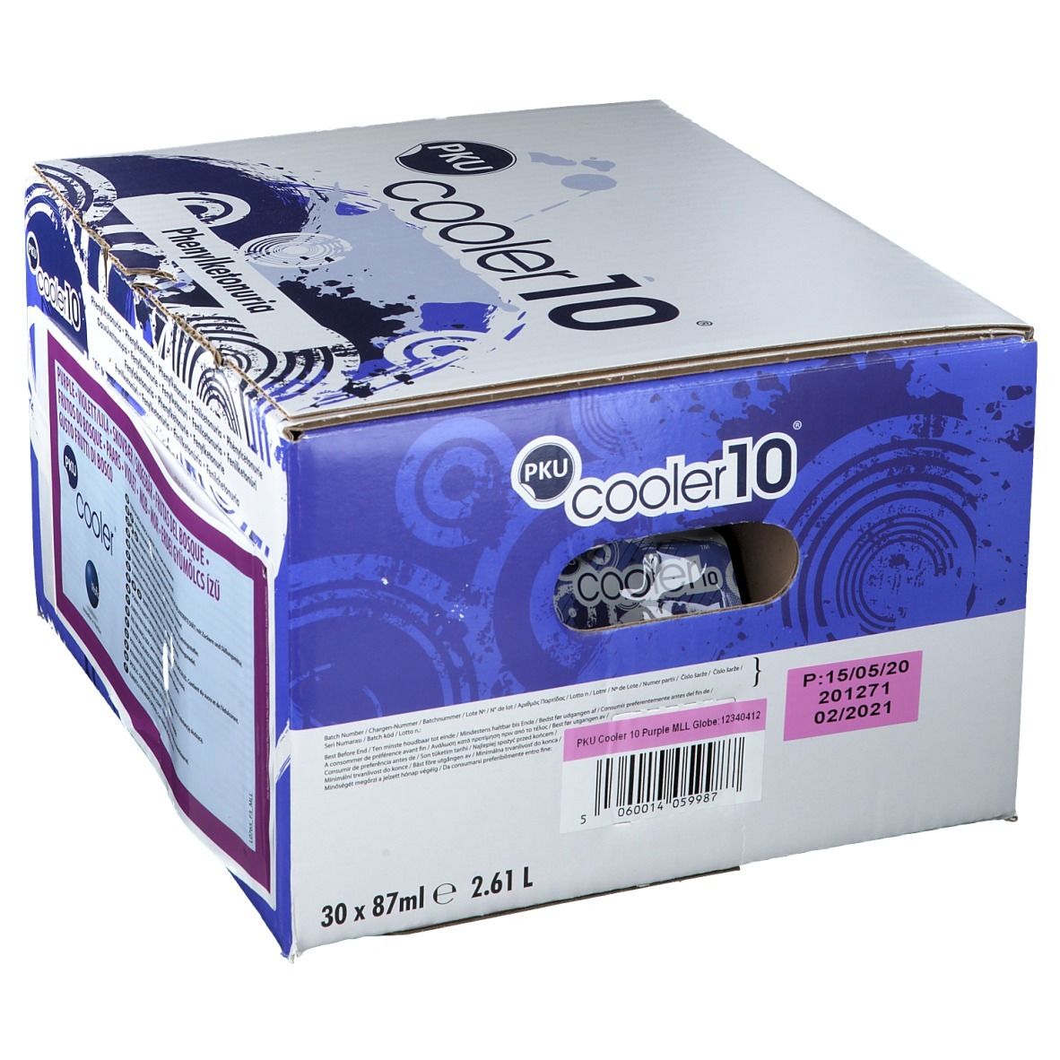 Boîte PKU Cooler 10 avec impression. Emballage bleu et blanc avec nom du produit et textes.