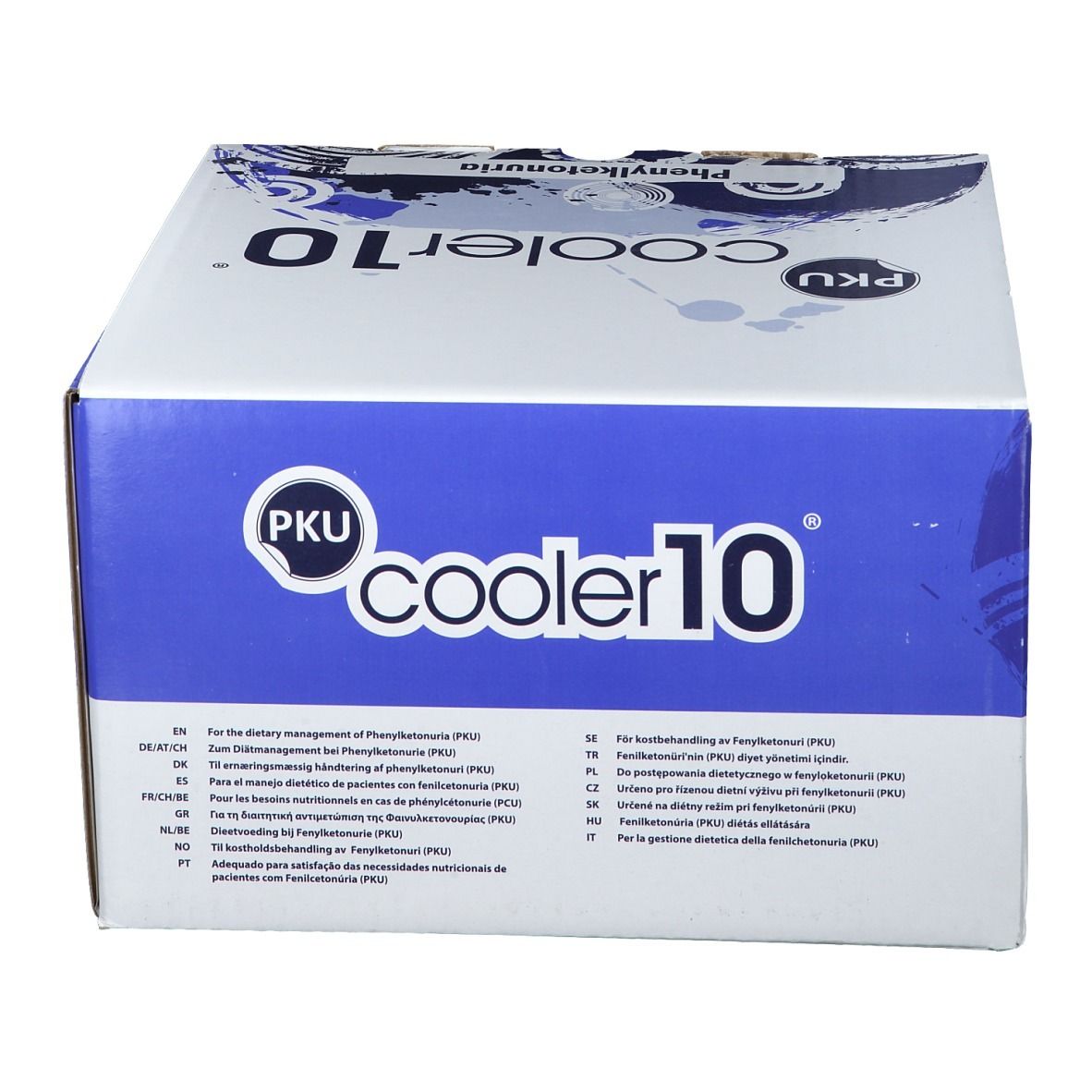 Boîte PKU Cooler 10. Emballage bleu et blanc avec nom du produit et textes en plusieurs langues.
