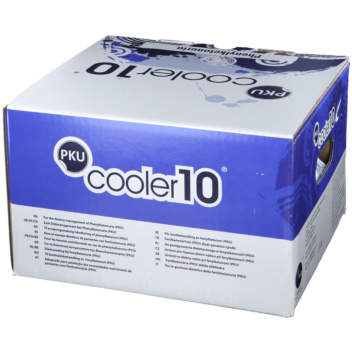 Boîte PKU Cooler 10. Emballage bleu et blanc avec nom du produit et textes en plusieurs langues.