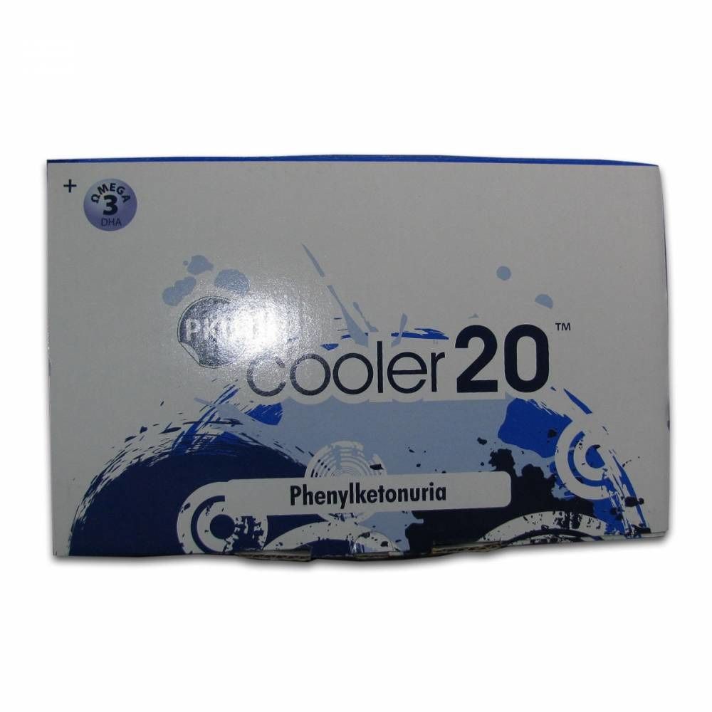 Boîte avec inscription "PKU Cooler 20". Texte : Phénylcétonurie. Design bleu et blanc.
