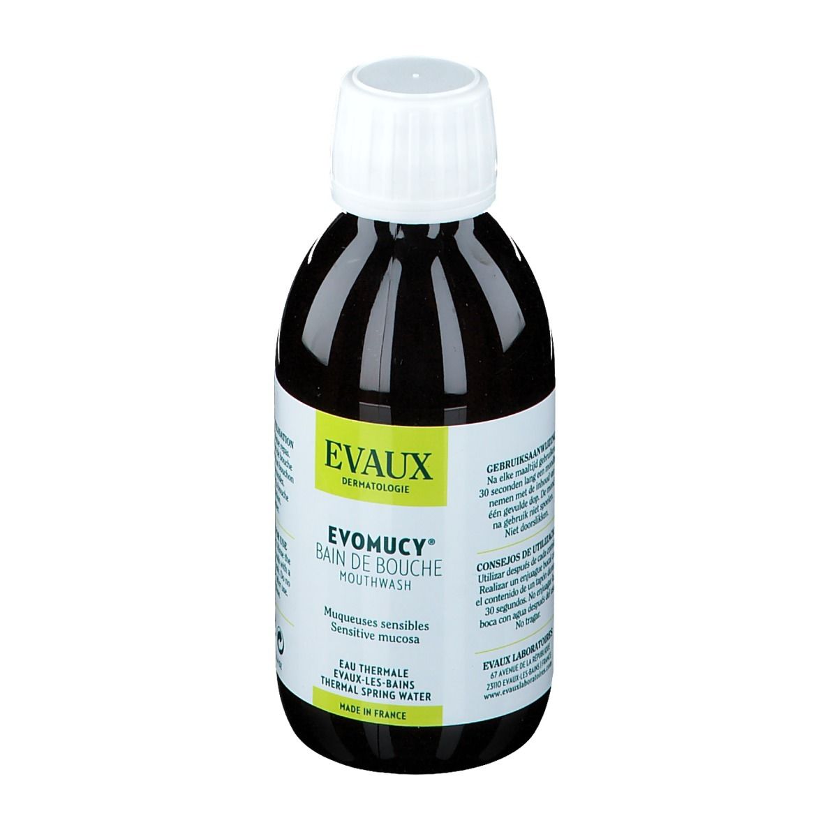 Donkere fles met witte dop. Opschrift Evomucy Bain de Bouche. Geelgroen etiket. Tekst in het Frans.