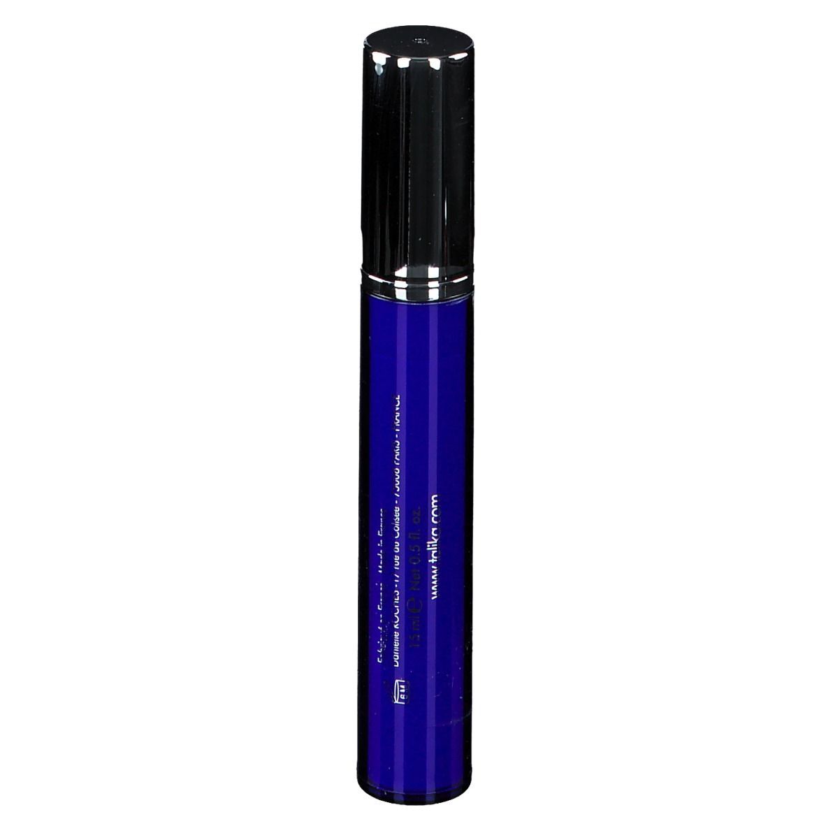 Tube bleu et noir. Inscription : www.talika.com. Bouchon noir. Orientation verticale.