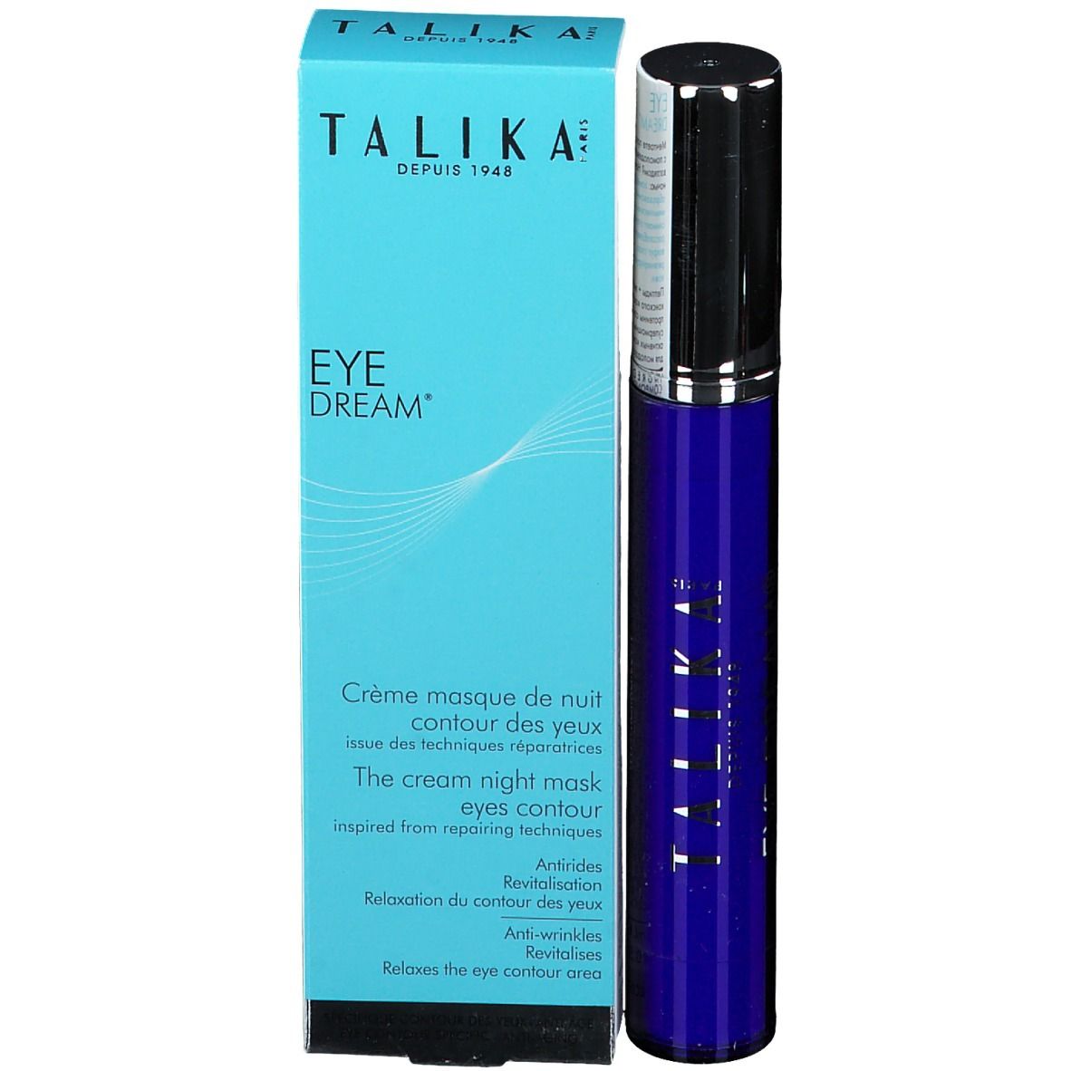 Produit et emballage. Tube bleu avec bouchon argenté à côté d'une boîte bleu clair. Inscription : TALIKA, EYE DREAM.