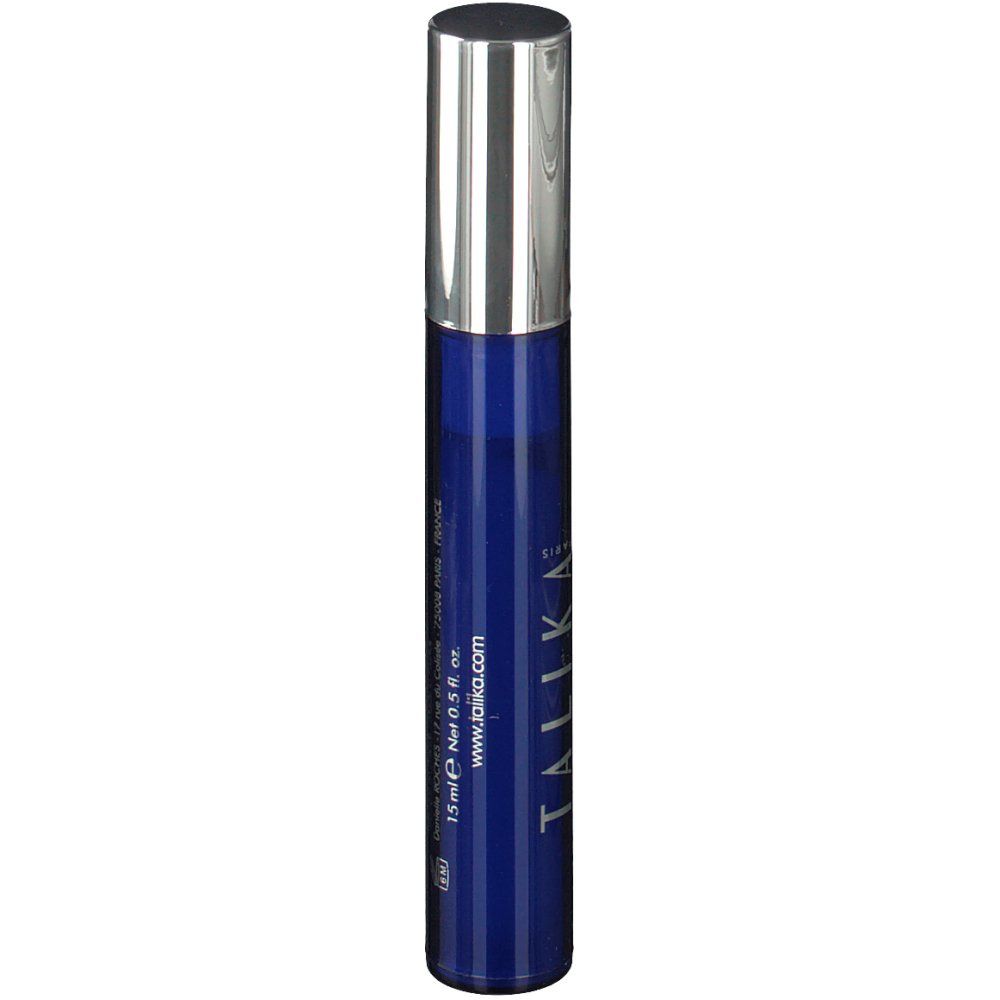 Tube bleu et argent. Inscription : EYE DREAM, www.talika.com. Bouchon argenté. Orientation verticale.