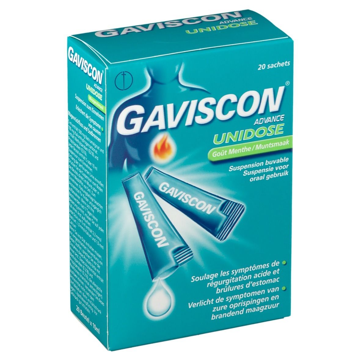 Gaviscon Advance Unidose-verpakking met 20 sachets. Twee sachets en een druppel suspensie zichtbaar. Tekst: Gaviscon, Unidose, Menthe.