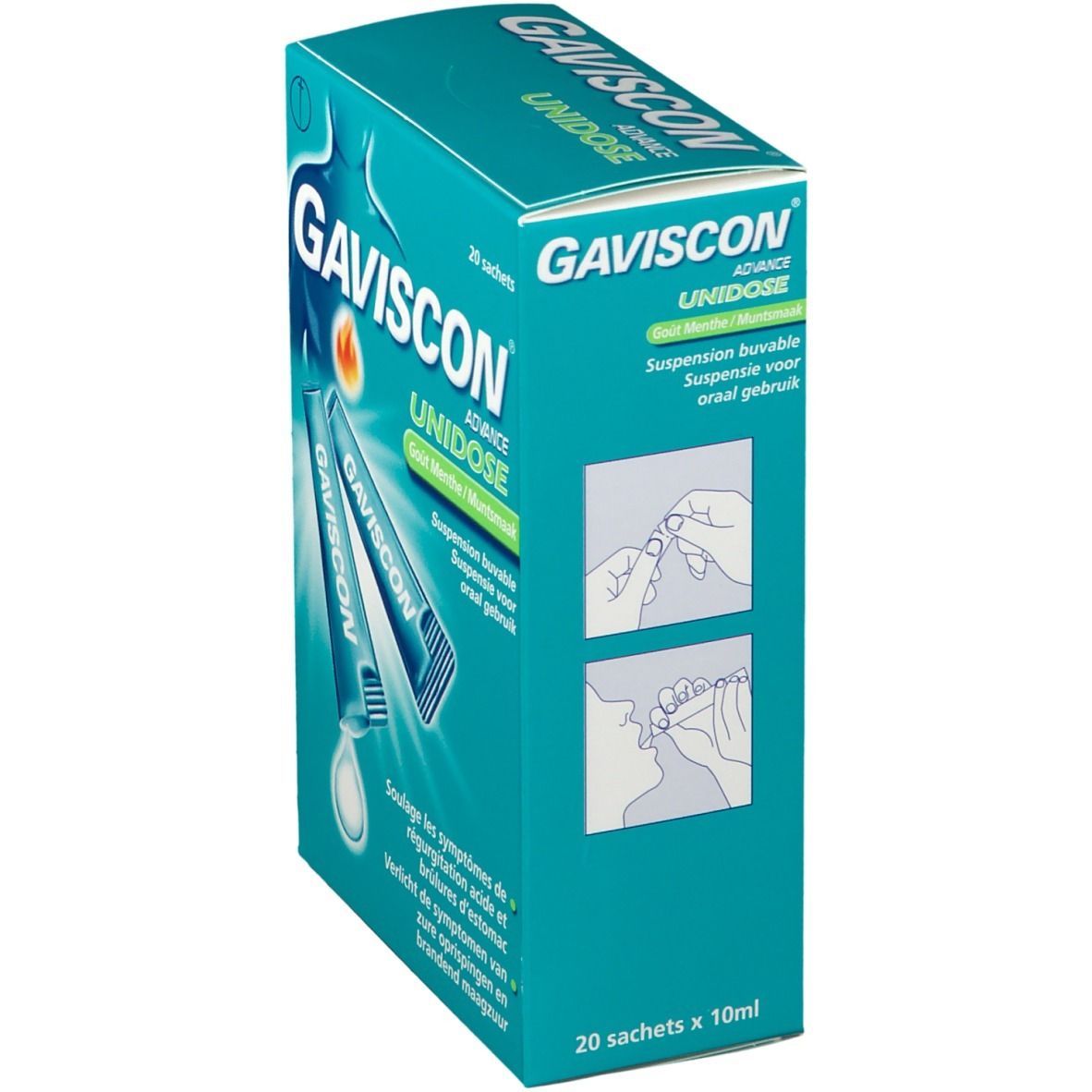 Gaviscon Advance Unidose-verpakking, schuin. 20 sachets, 10 ml. Illustratie van een sachet. Tekst: Gaviscon, Unidose, Menthe, Suspension buvable.