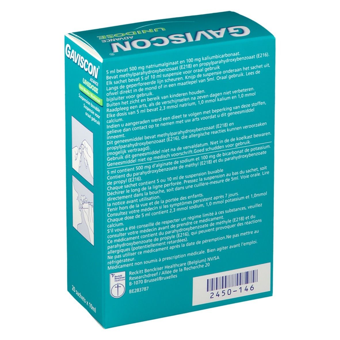 Achterkant van de Gaviscon Advance Unidose-verpakking. Tekst: ingrediënten, gebruiksaanwijzing, adres fabrikant, lotnummer, 20 sachets.