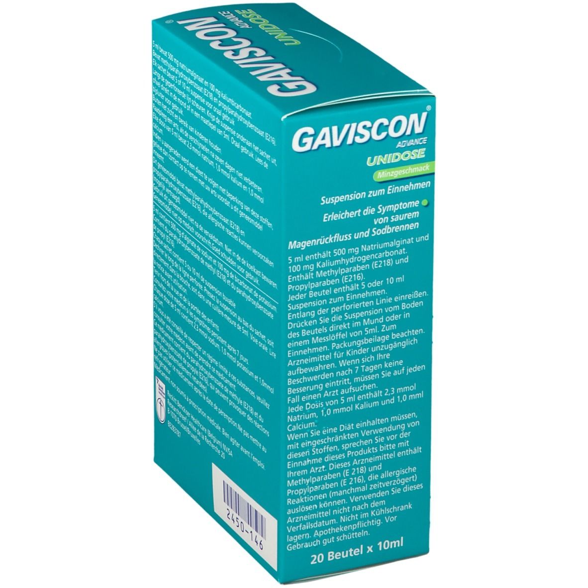 Achterkant van de Gaviscon Advance Unidose-verpakking. Tekst: ingrediënten, gebruiksaanwijzing, adres fabrikant, lotnummer, 20 sachets.