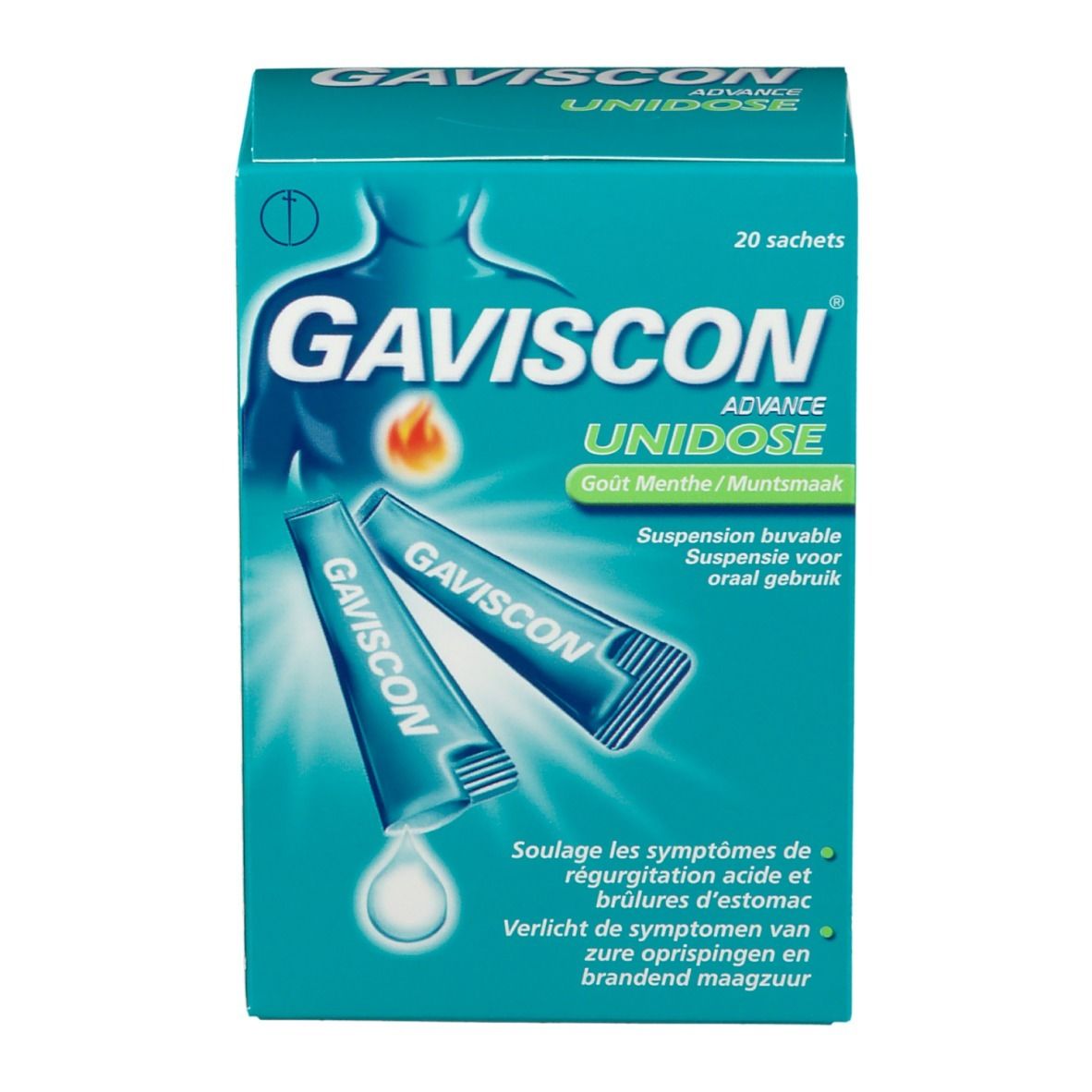 Gaviscon Advance Unidose-verpakking met 20 sachets. Twee sachets en een druppel suspensie zichtbaar. Tekst: Gaviscon, Unidose, Menthe.