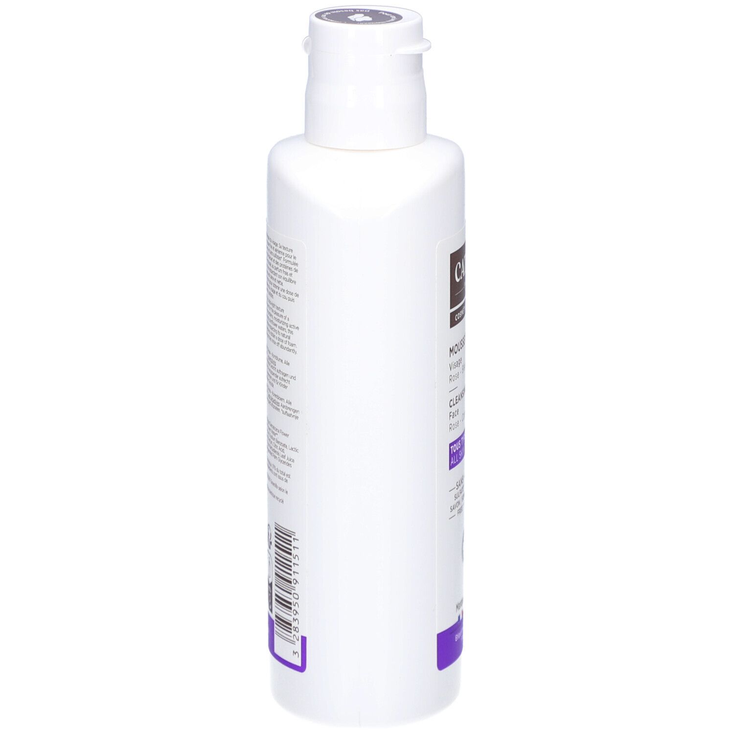 Weiße Flasche, Seitenansicht. Aufschrift: Cattier Paris, Mousse Nettoyante, Rose, Bleu, Cleansing Foam, Tous types de peaux. Bio-Siegel.