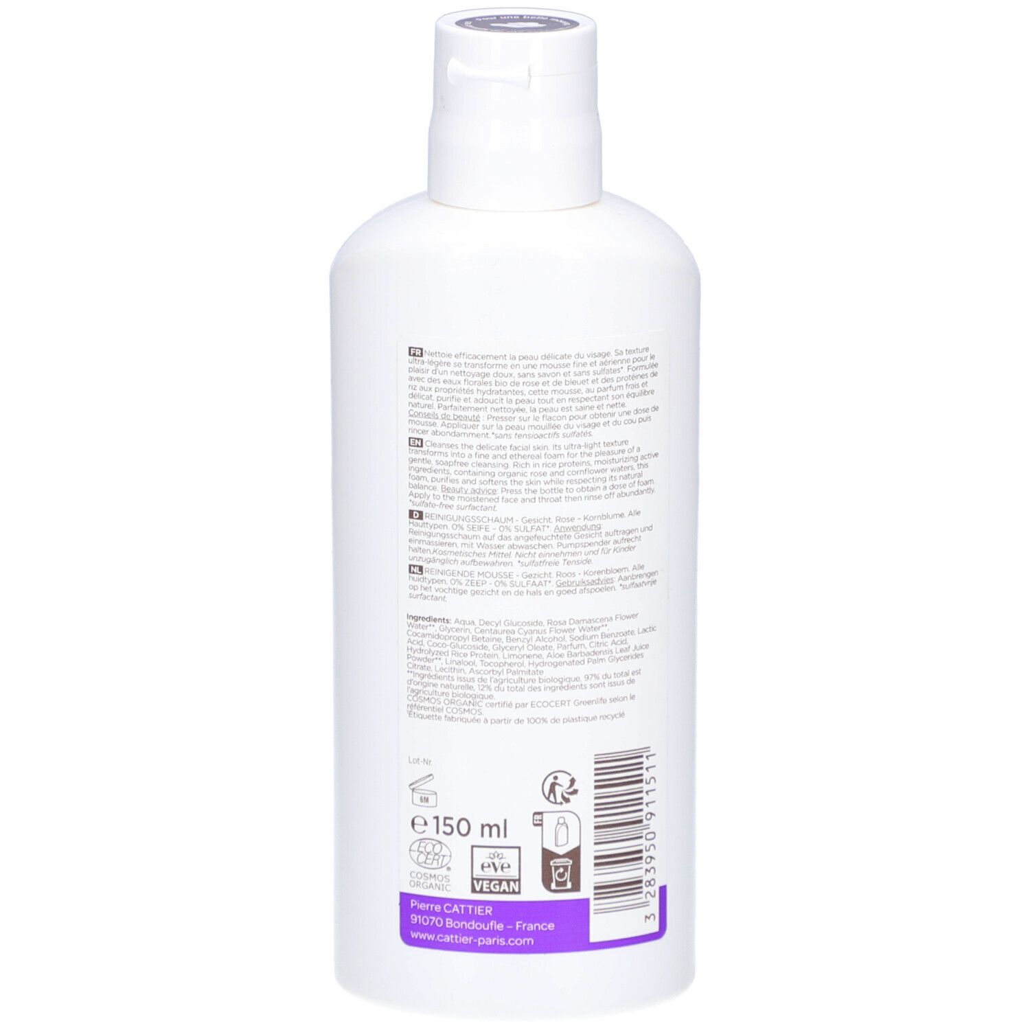 Weiße Flasche, Rückansicht. Aufschrift: 150 ml, Vegan, Bio-Siegel. Text in mehreren Sprachen. Flasche recycelbar.