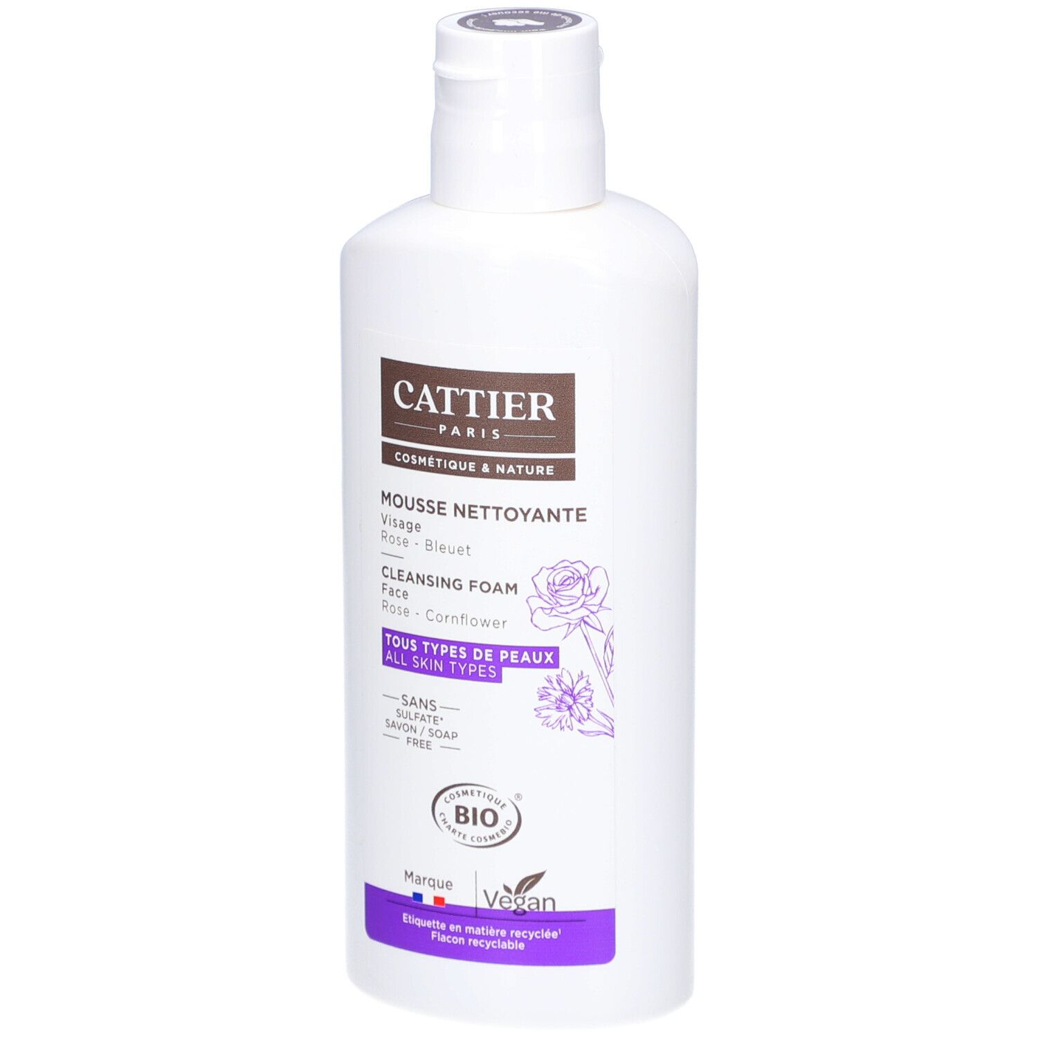 Weiße Flasche mit Reinigungsschaum. Aufschrift: Cattier Paris, Mousse Nettoyante, Rose, Bleu, Cleansing Foam, Tous types de peaux. Bio-Siegel.