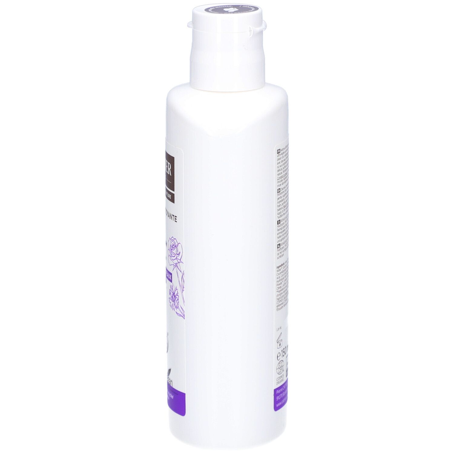 Weiße Flasche, Seitenansicht. Aufschrift: 150 ml. Text in mehreren Sprachen. Flasche recycelbar.