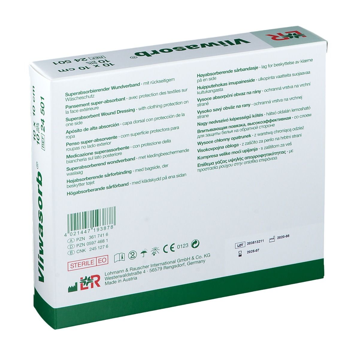 Dos de l'emballage Vliwasorb®. Informations produit en plusieurs langues.