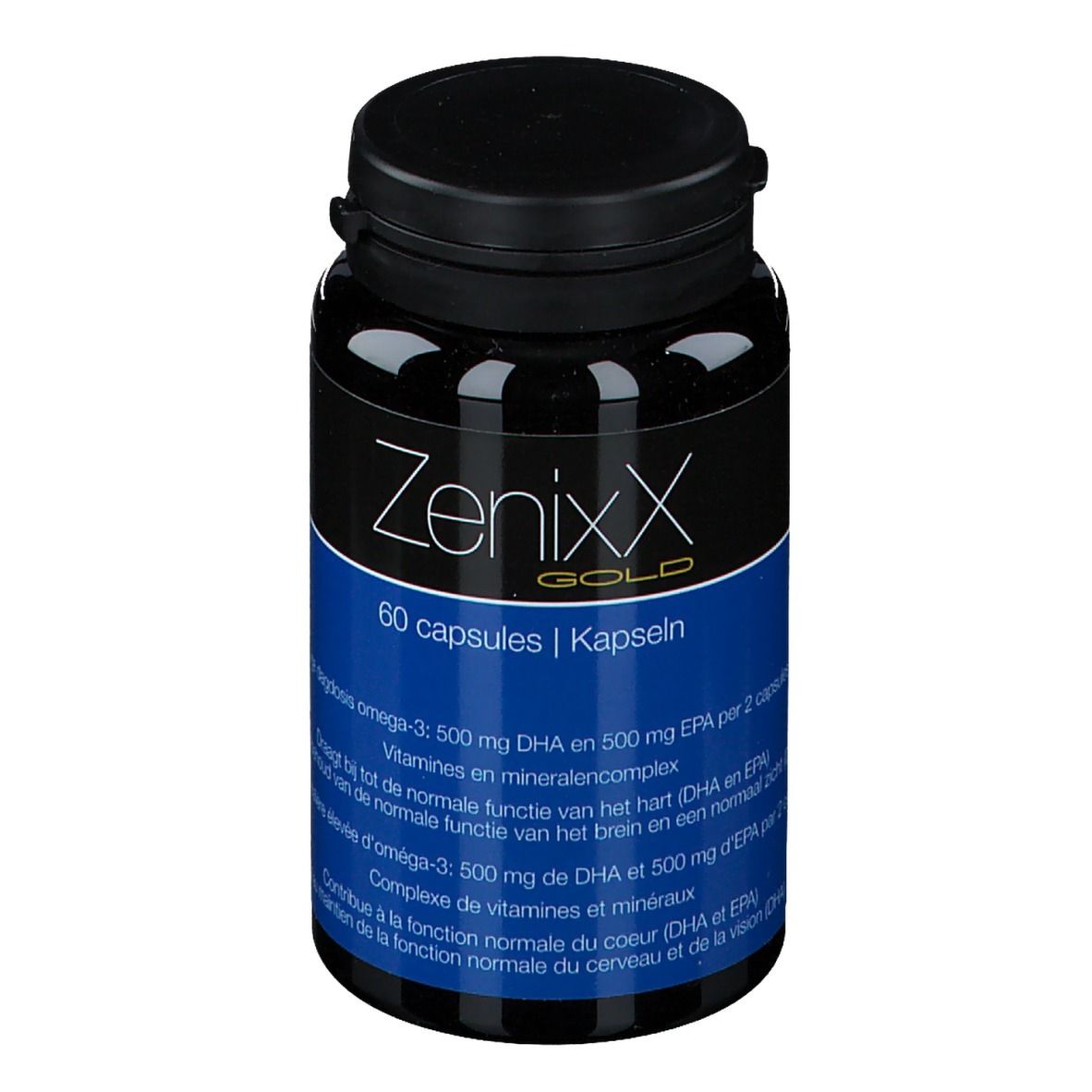 Flacon noir avec bouchon noir. Étiquette avec nom du produit ZenixX Gold et 60 capsules. Texte bleu.