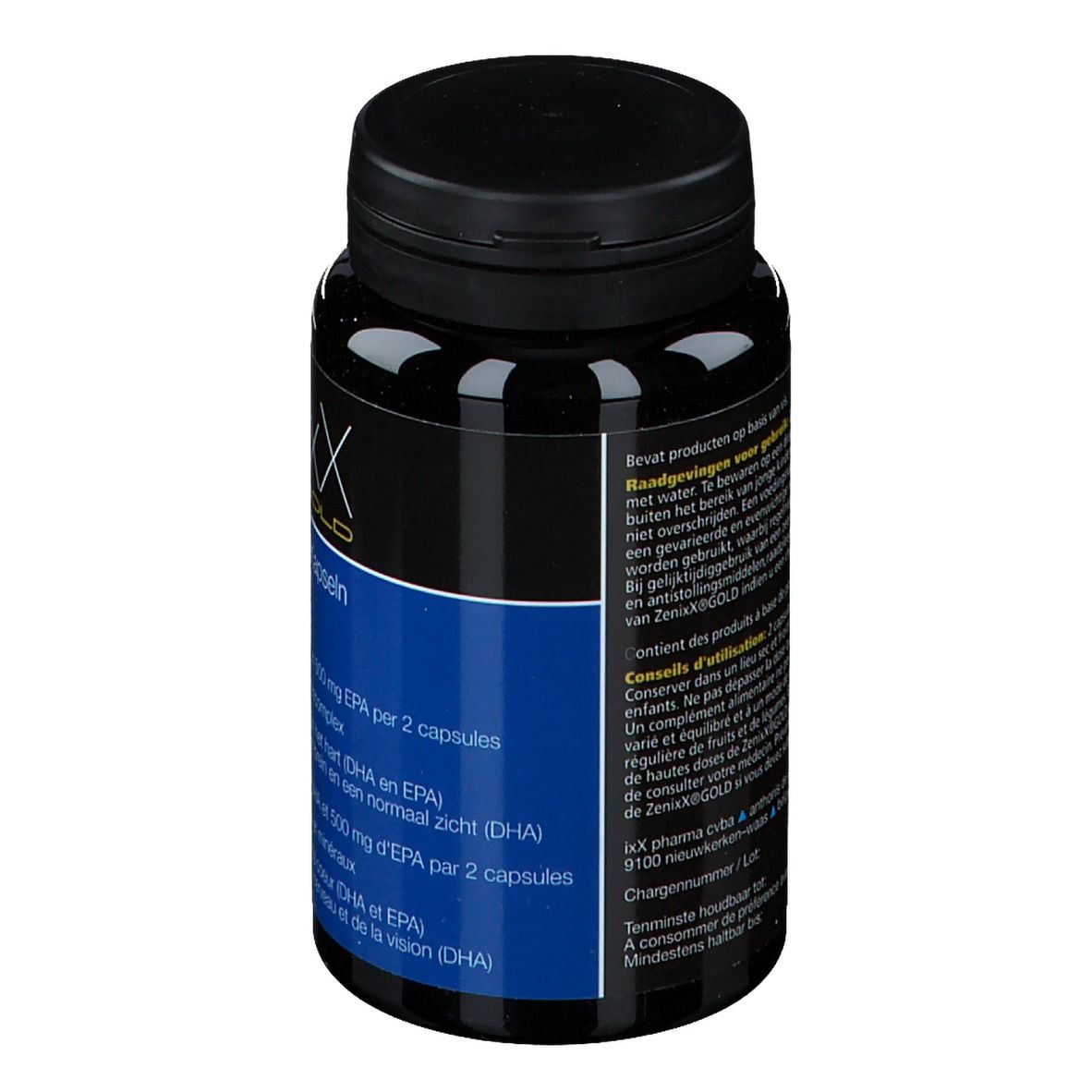 Flacon noir avec bouchon noir. Étiquette avec informations sur le produit. Texte bleu.