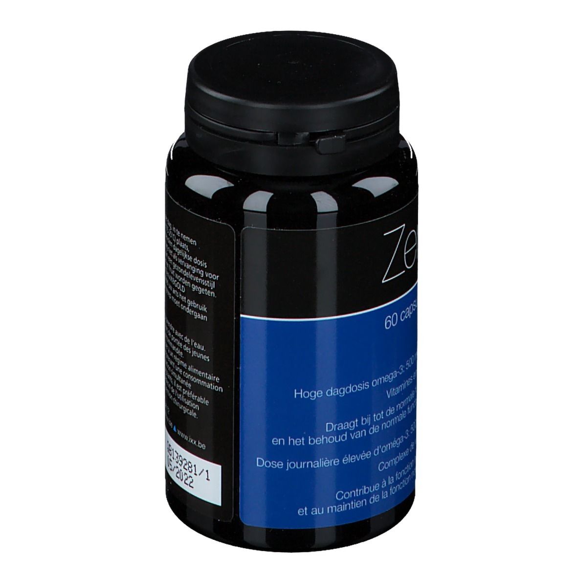 Flacon noir avec bouchon noir. Étiquette avec informations sur le produit. Texte bleu.