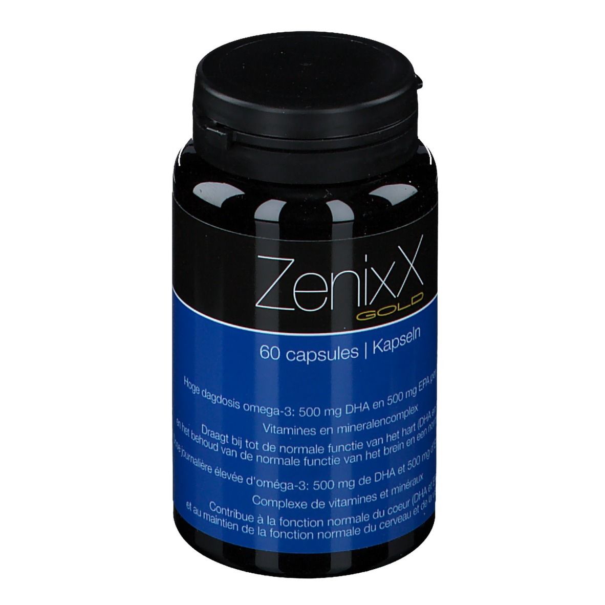 Flacon noir avec bouchon noir. Étiquette avec nom du produit ZenixX Gold et 60 capsules. Texte bleu.