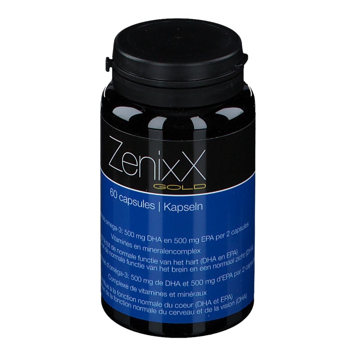 Flacon noir avec bouchon noir. Étiquette avec nom du produit ZenixX Gold et 60 capsules. Texte bleu.