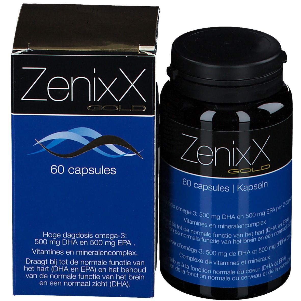Flacon et boîte noirs. Inscription ZenixX Gold, 60 capsules. Texte bleu.