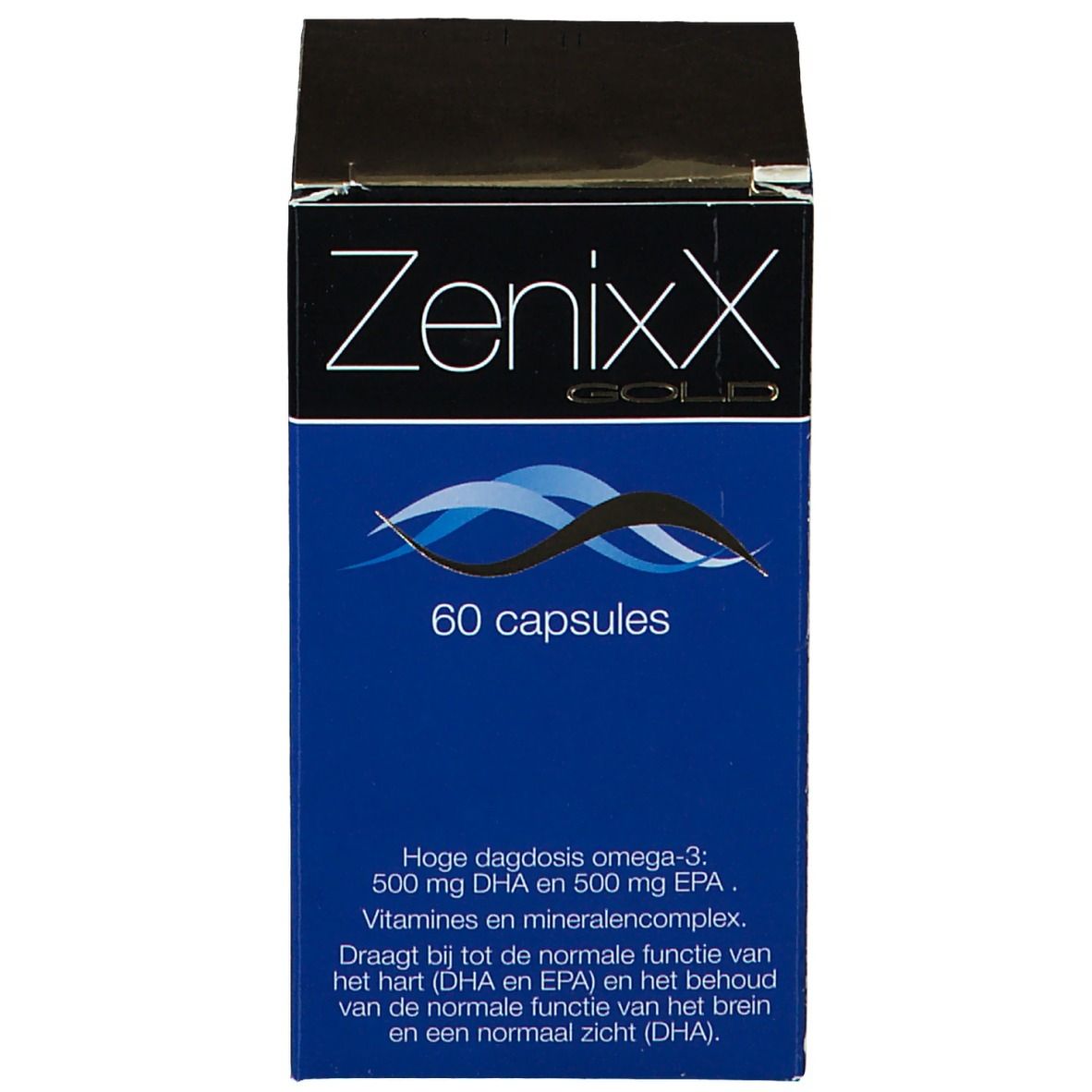 Boîte avec nom du produit ZenixX Gold et 60 capsules. Texte bleu.
