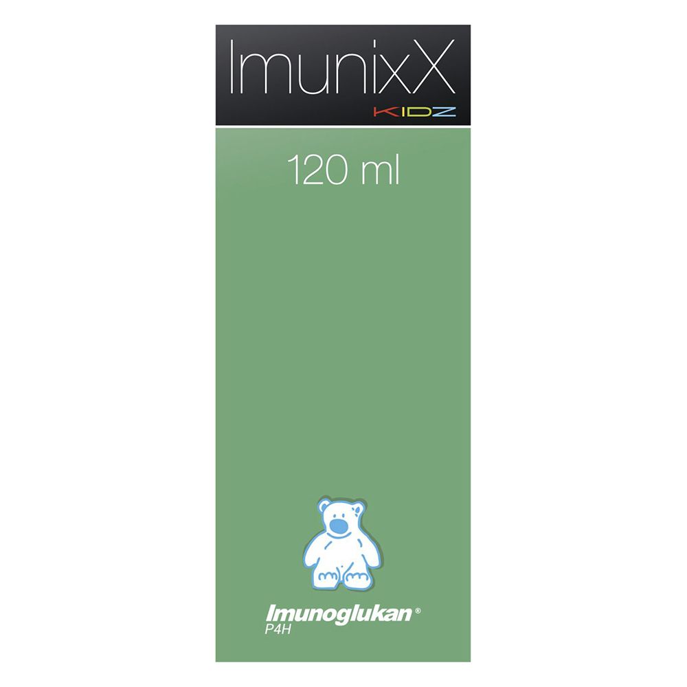 Groene verpakking ImunixX Kidz, 120 ml. Beer-logo en 'Imunoglukan' tekst.
