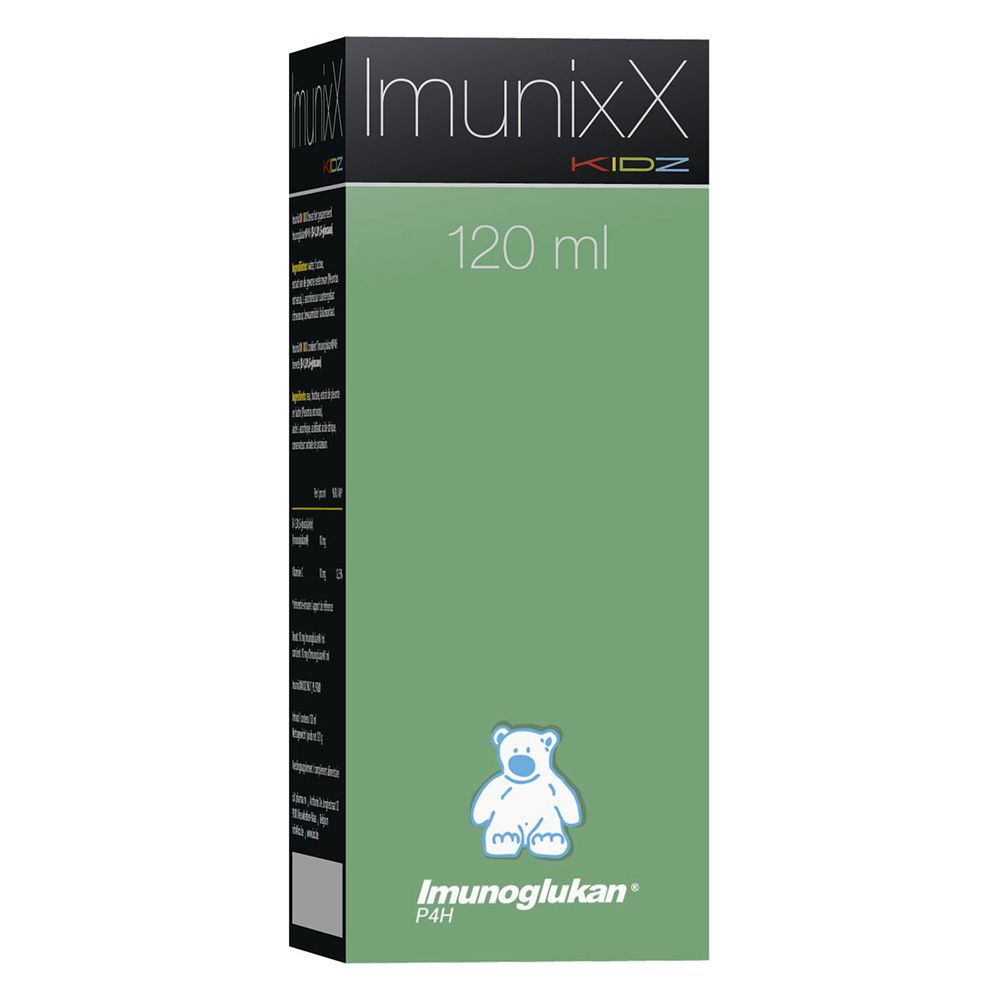 Groene verpakking ImunixX Kidz, 120 ml. Beer-logo en 'Imunoglukan' tekst.