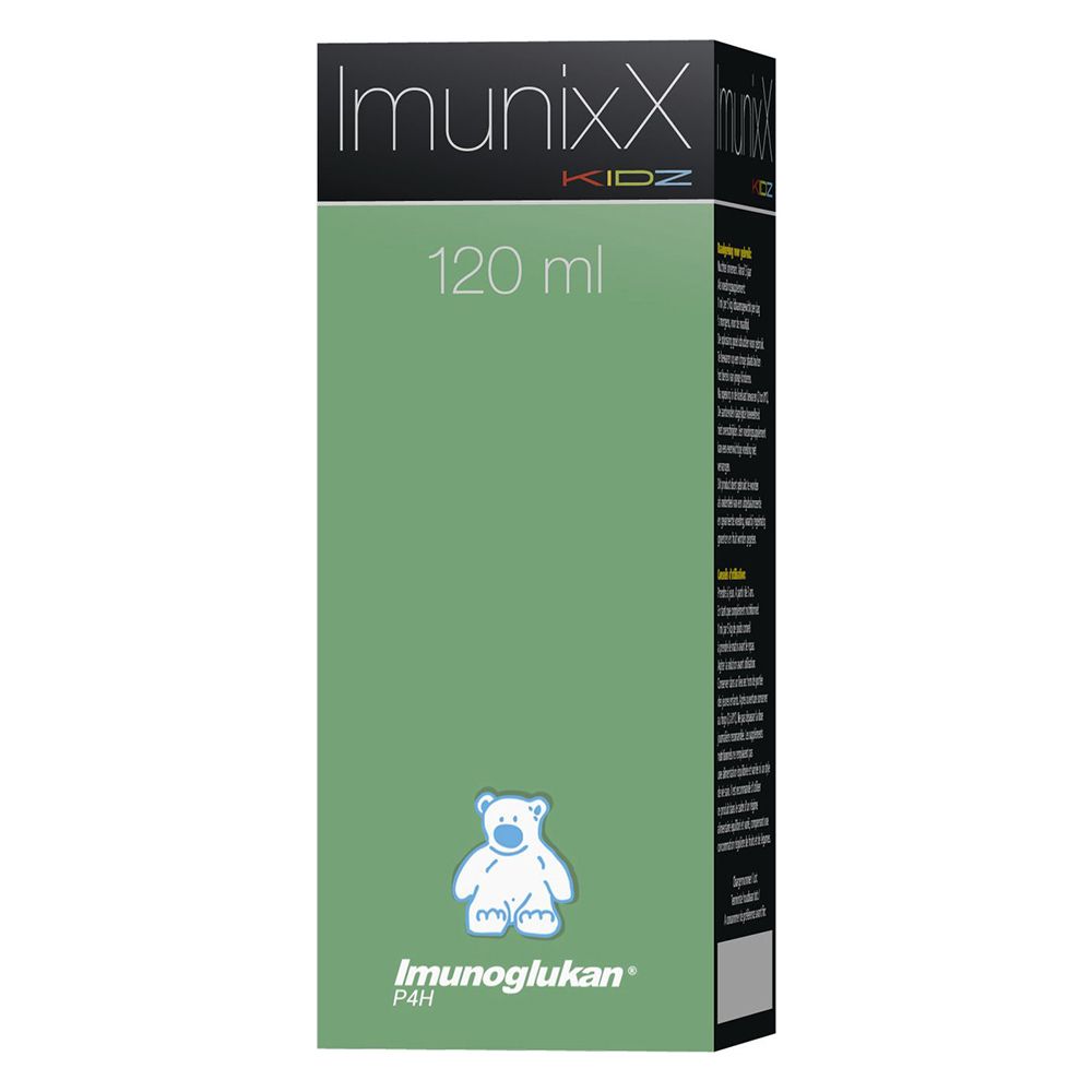 Groene verpakking ImunixX Kidz, 120 ml. Beer-logo en 'Imunoglukan' tekst.