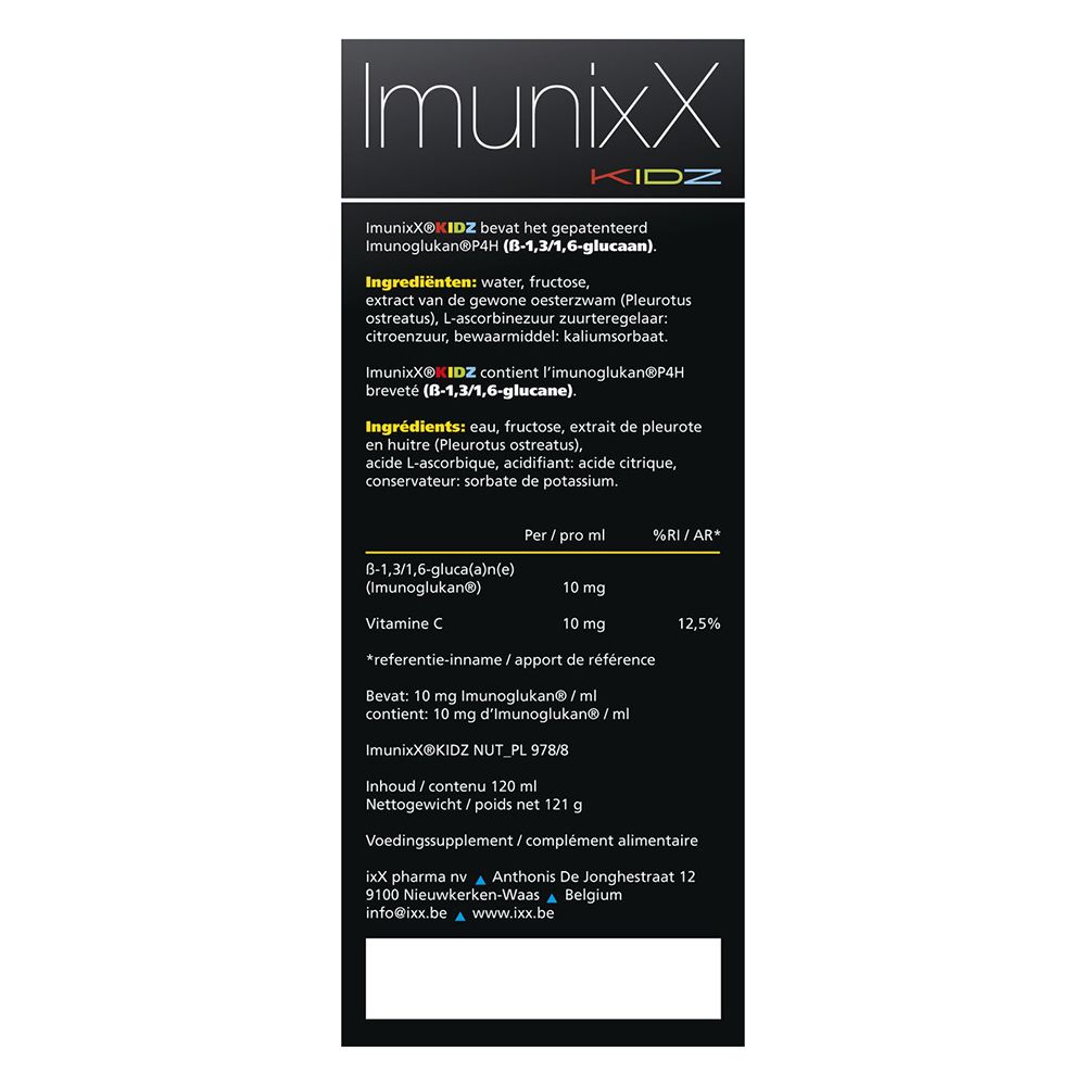 Groene verpakking ImunixX Kidz, 120 ml. Beer-logo en 'Imunoglukan' tekst.