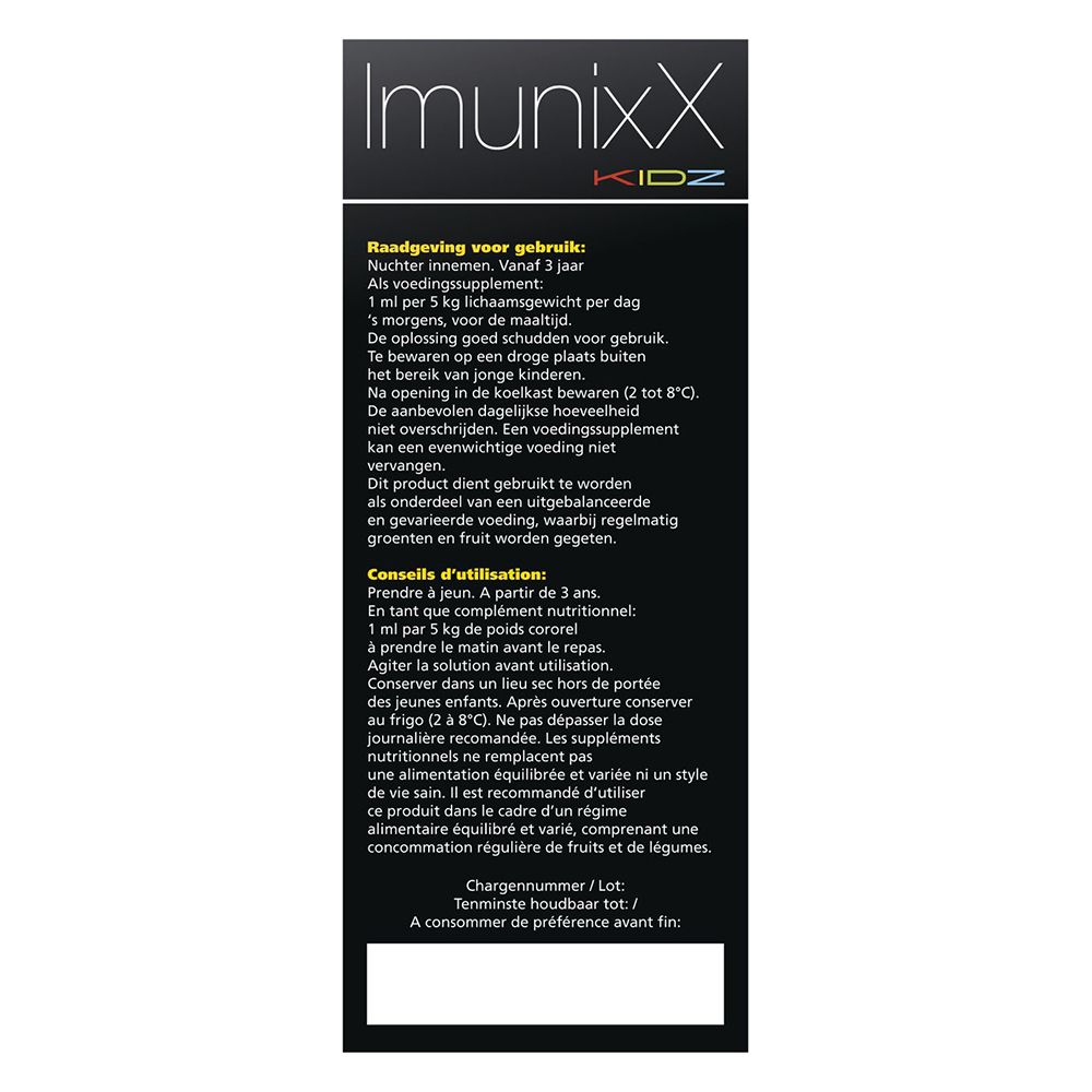 Groene verpakking ImunixX Kidz, 120 ml. Beer-logo en 'Imunoglukan' tekst.