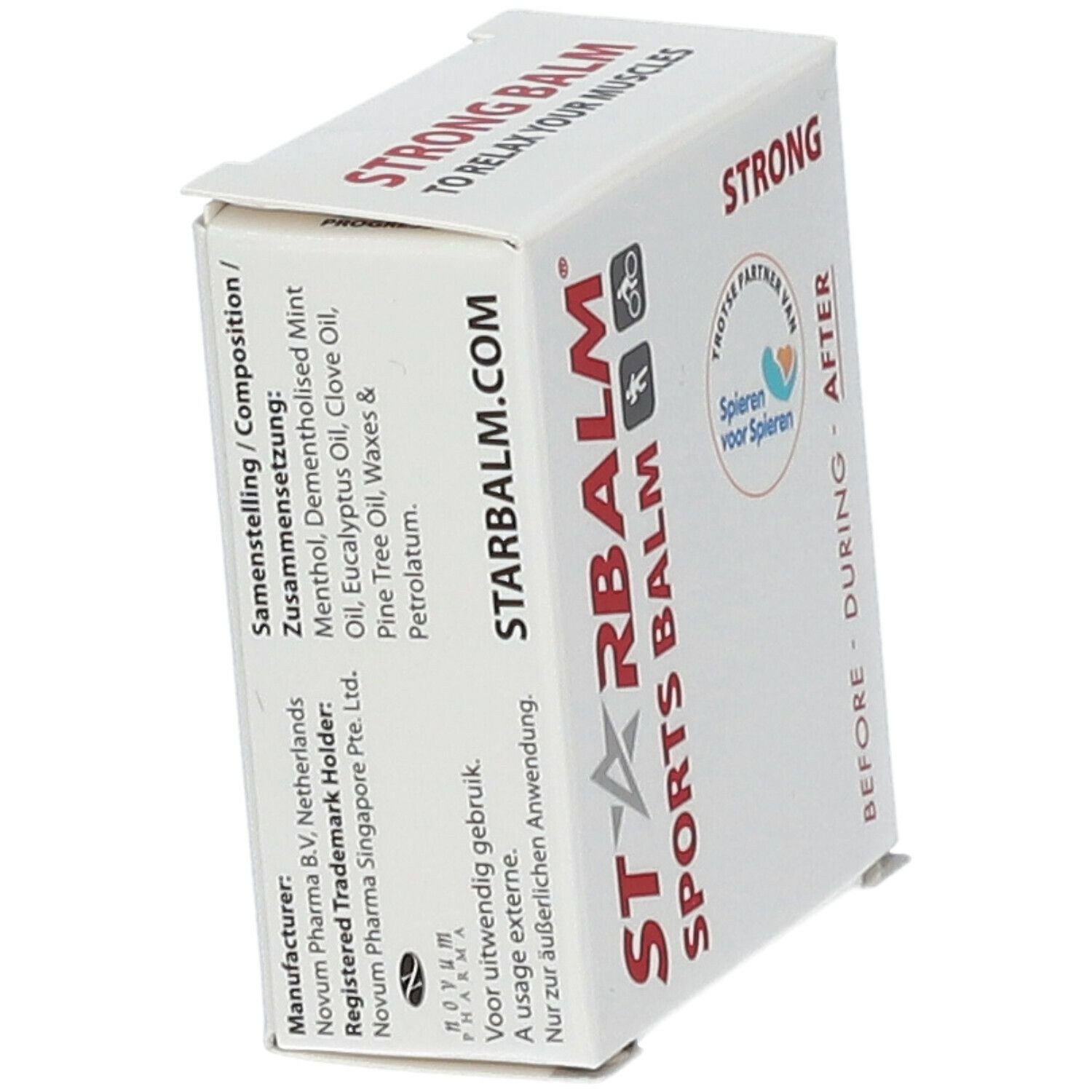 Witte doos met STARBALM SPORTS BALM. Tekst: STRONG BALM. Opschrift: STARBALM.COM. Ingrediënten en fabrikant informatie.