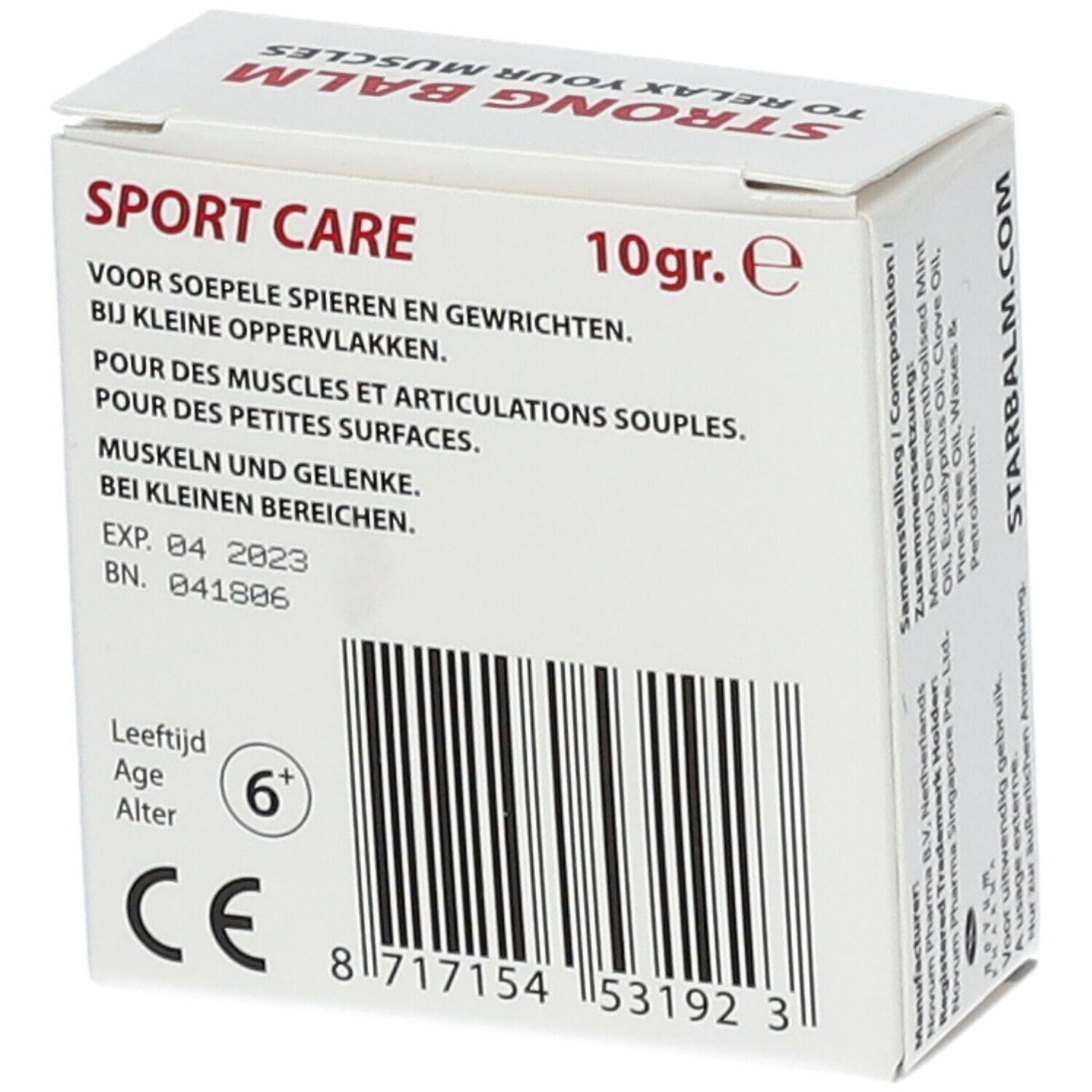 Witte doos met tekst: SPORT CARE, 10gr. e. Streepjescode en leeftijdsadvies 6+. Vervaldatum 04 2023. CE-markering.