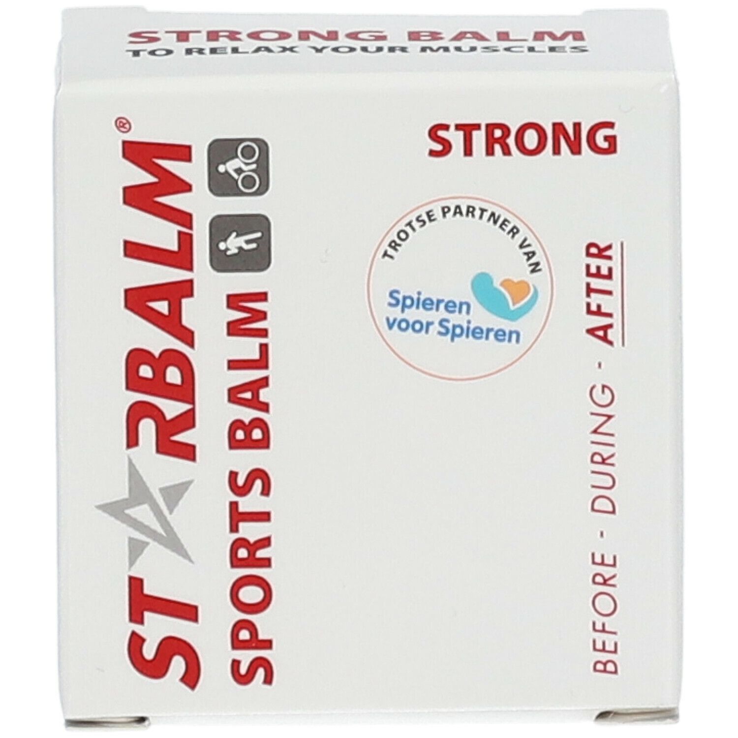Witte doos met STARBALM SPORTS BALM-logo. Tekst: STRONG BALM, BEFORE - DURING - AFTER. Met sport symbolen.
