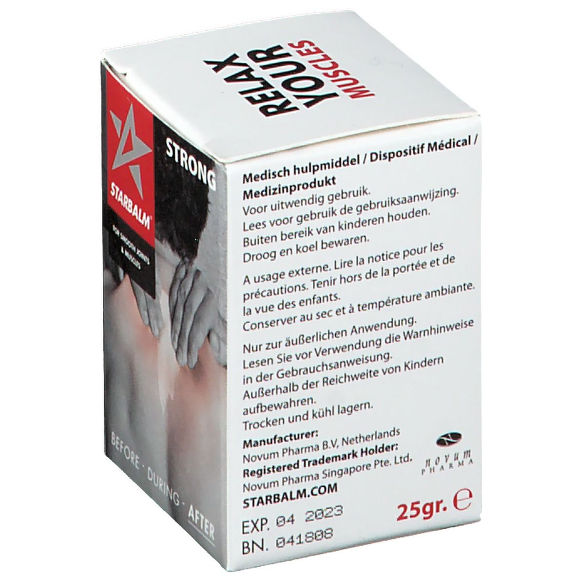 Witte doos met STARBALM-logo en opschrift "STRONG". Achterkant met informatie, fabrikantgegevens en houdbaarheidsdatum.