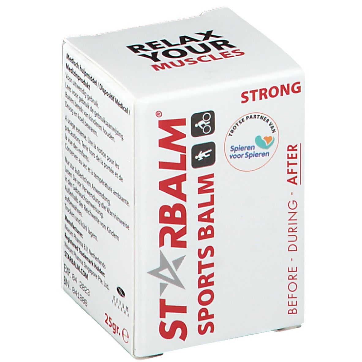 Witte doos met STARBALM Sports Balm-logo en opschrift "STRONG". Bevat pictogrammen en tekst in verschillende talen.