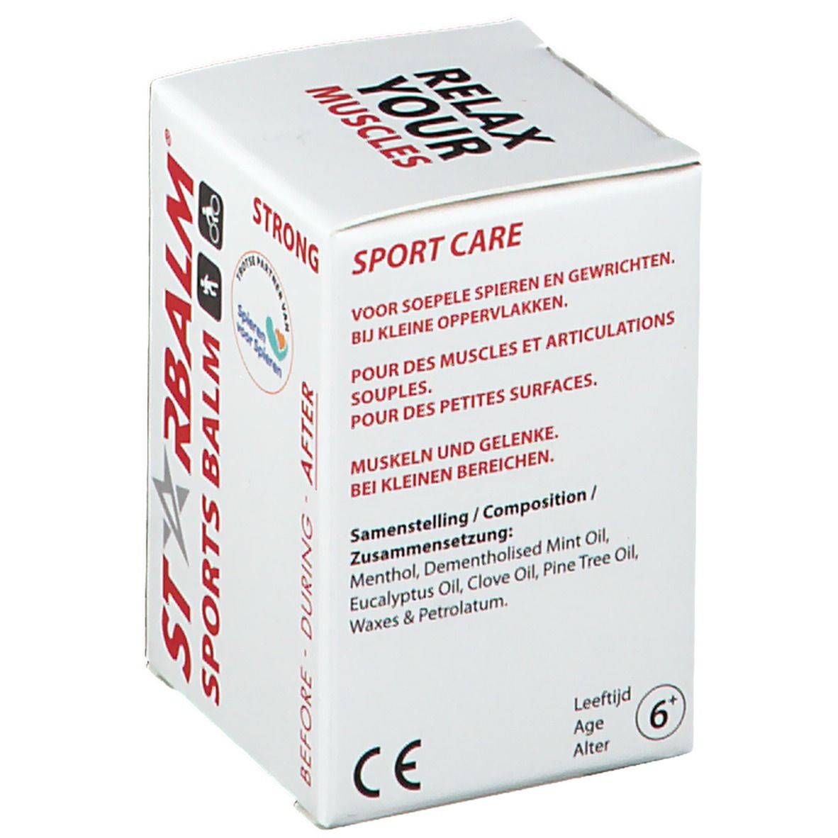 Witte doos met STARBALM Sports Balm-logo en opschrift "STRONG". Bevat tekst in verschillende talen en CE-markering.
