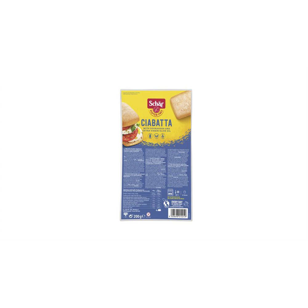 Emballage de pain ciabatta. Emballage jaune avec nom et logo du produit. Symbole sans gluten.