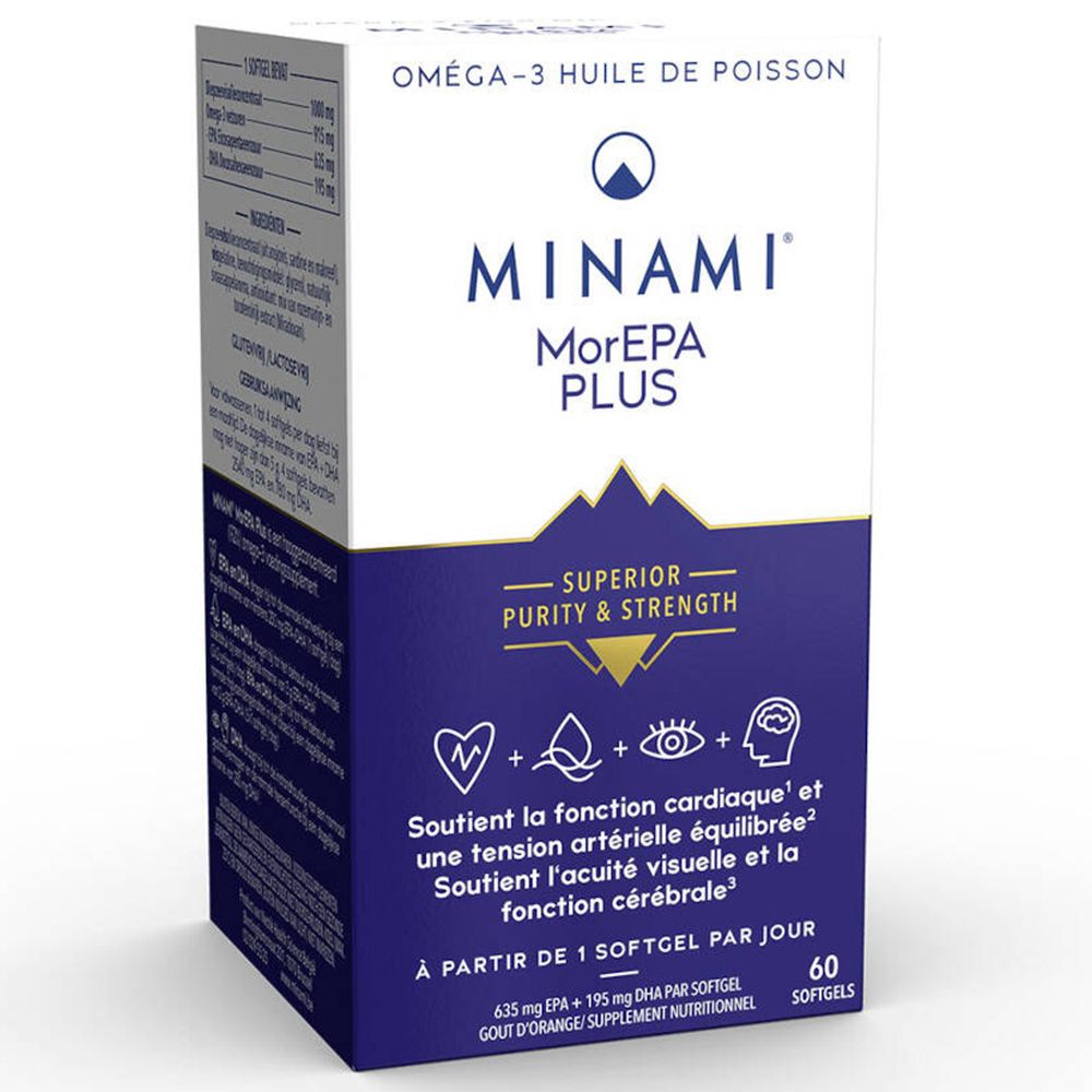 Boîte blanche et bleue avec informations produit. Inscription: MINAMI MorEPA PLUS. Contient 60 gélules. Huile Oméga-3.