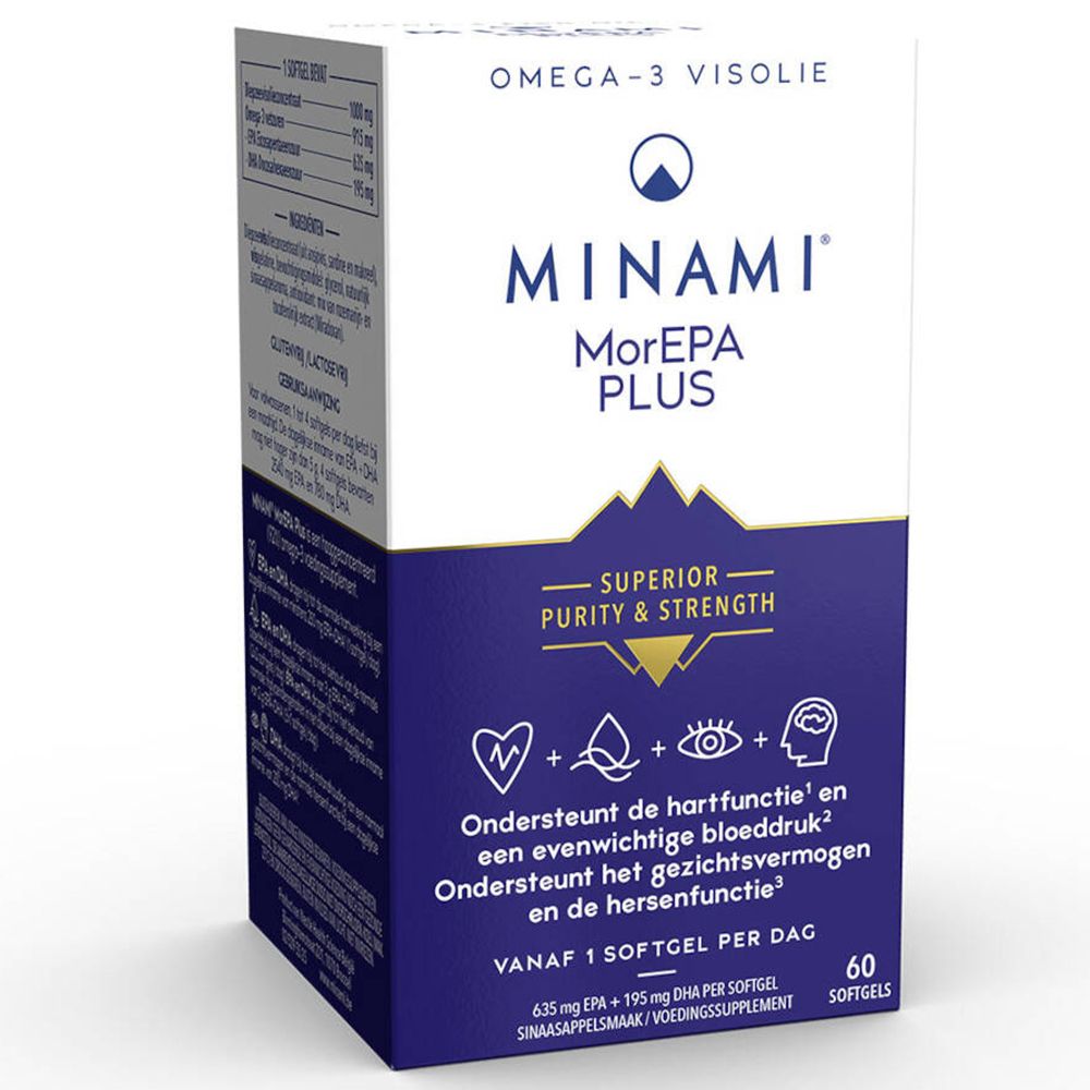 Boîte blanche et bleue avec informations produit. Inscription: MINAMI MorEPA PLUS. Contient 60 gélules. Huile Oméga-3.