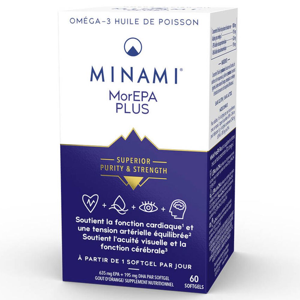 Boîte blanche et bleue avec informations produit. Inscription: MINAMI MorEPA PLUS. Contient 60 gélules. Huile Oméga-3.