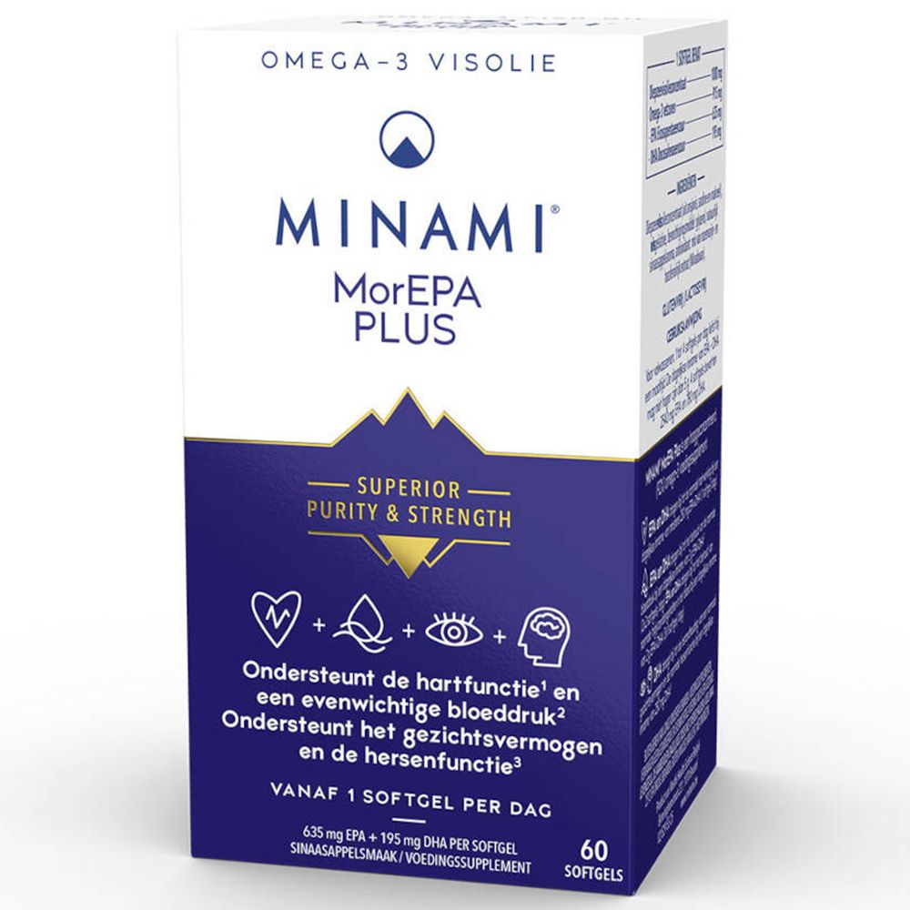 Boîte blanche et bleue avec informations produit. Inscription: MINAMI MorEPA PLUS. Contient 60 gélules. Huile Oméga-3.