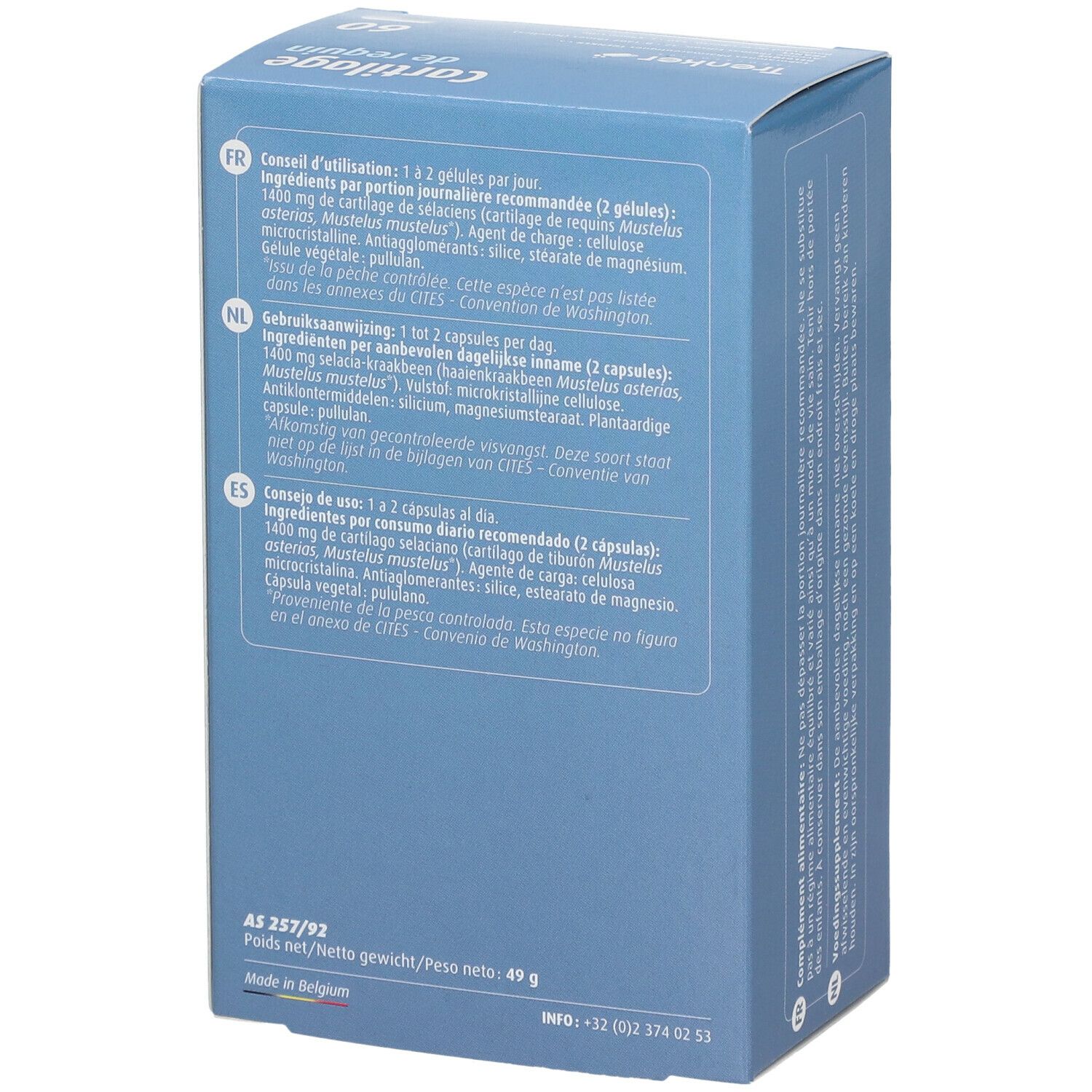 Dos de la boîte bleue. Texte en allemand, néerlandais et espagnol. Informations sur le produit.