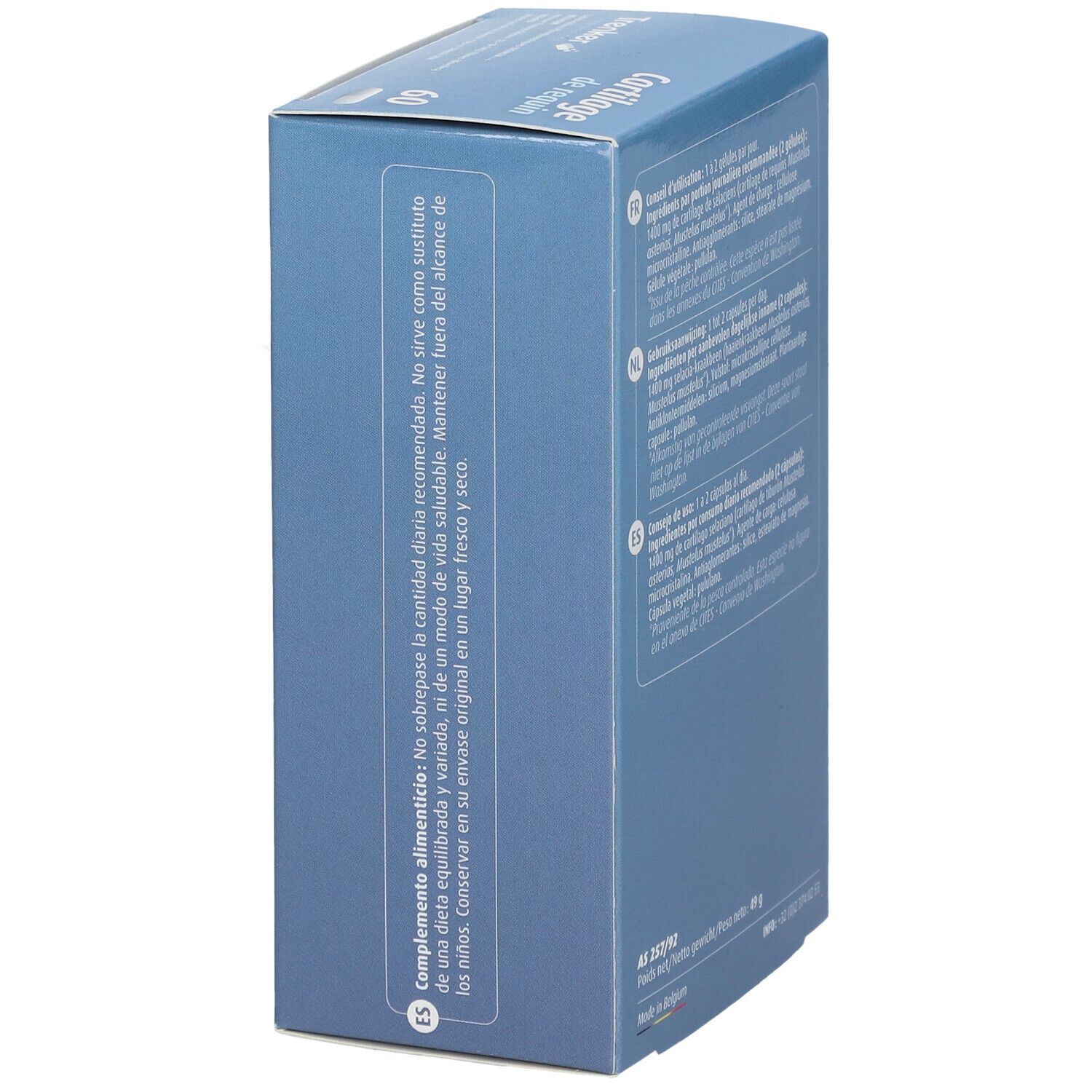 Boîte bleue, vue latérale. Texte en espagnol. Informations sur la dose quotidienne recommandée.