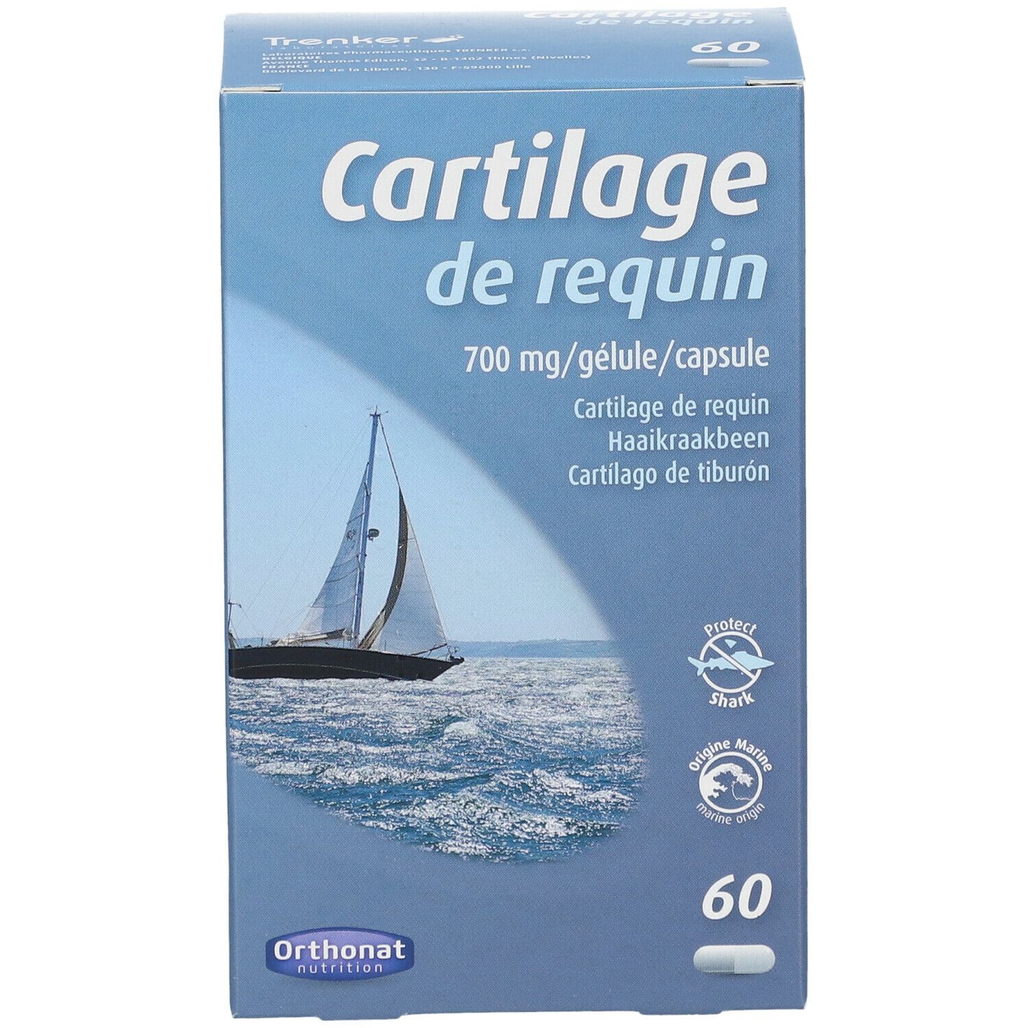 Boîte bleue avec "Cartilage de requin". Contient 60 gélules. Logo Orthonat Nutrition.
