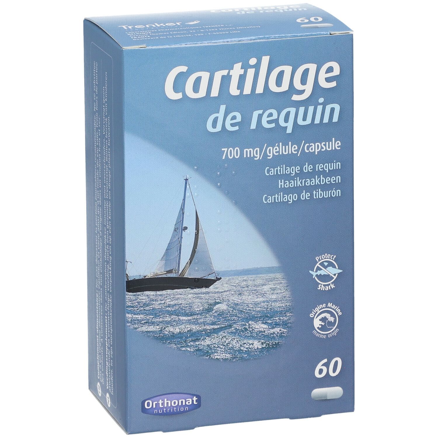 Boîte bleue avec "Cartilage de requin". Contient 60 gélules. Logo Orthonat Nutrition.