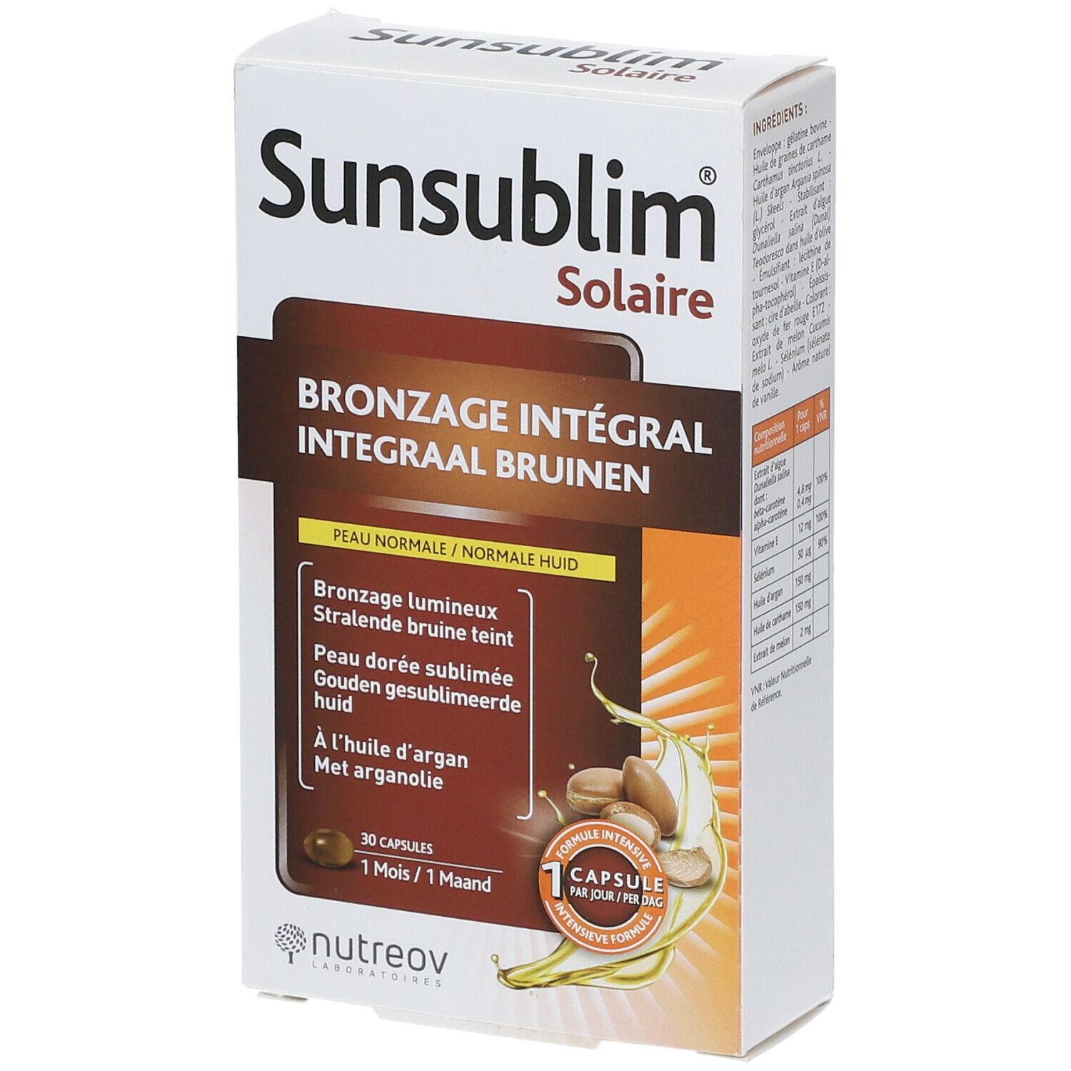 Verpackung von Sunsublim Solaire. Enthält 30 Kapseln. Aufschrift: Bronzage Integral, Peau Normale. Mit Arganöl.